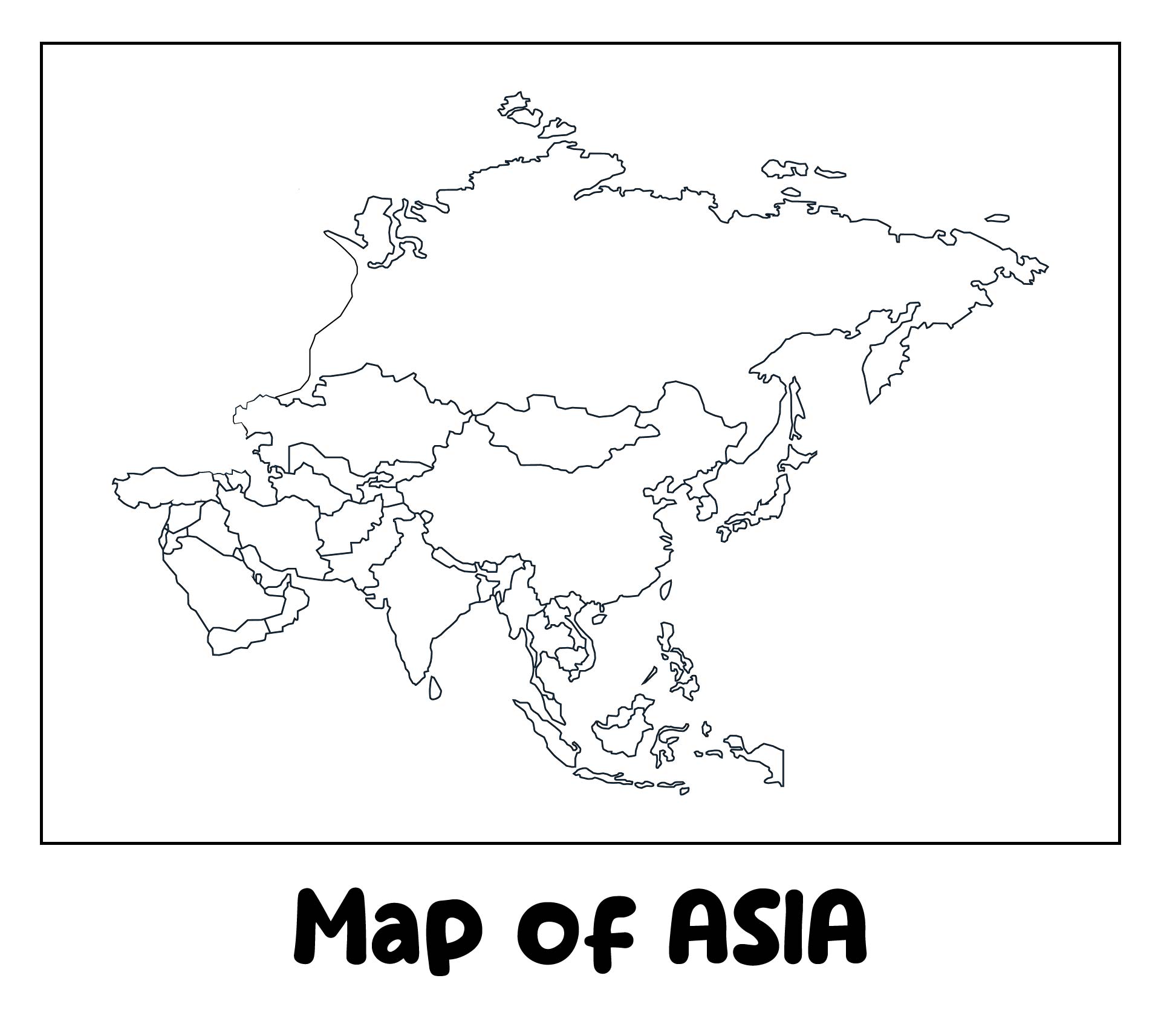 Black & White Printable Map Of Asia