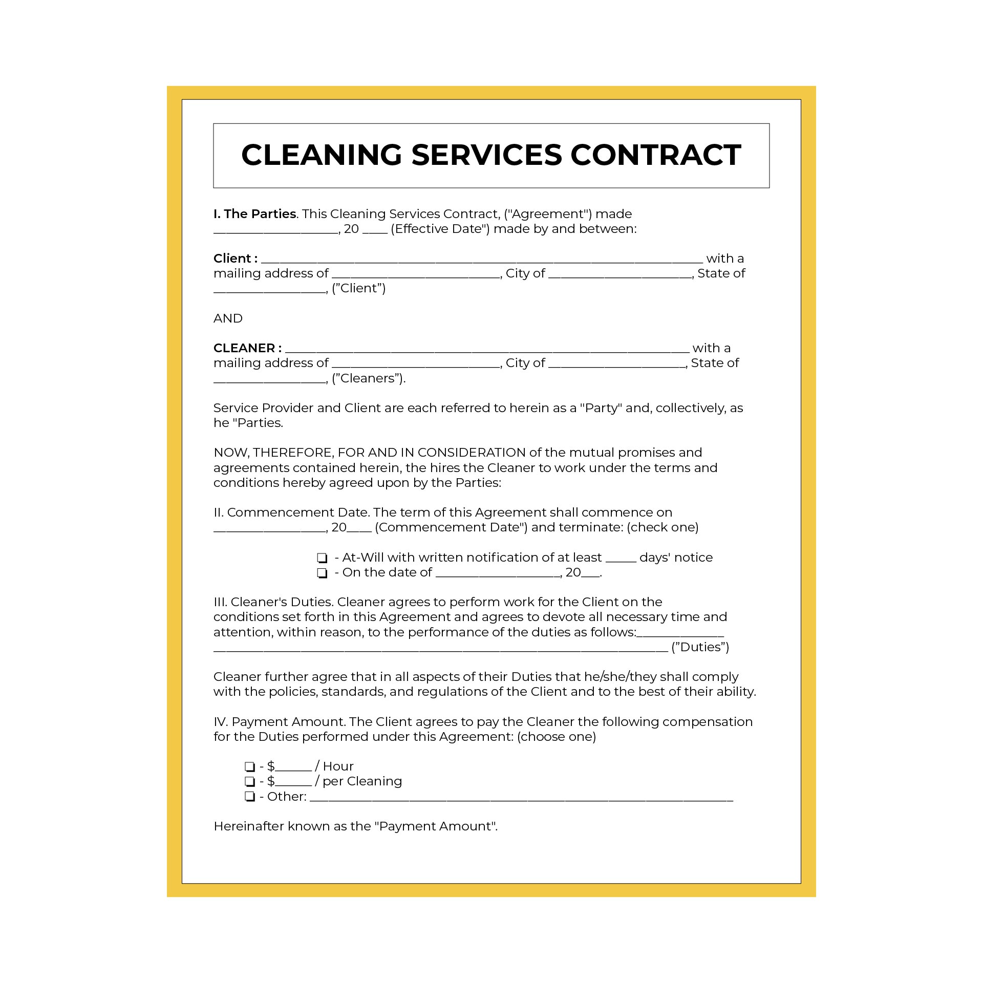 Free Printable Cleaning Contract Forms Printable Forms Free Online