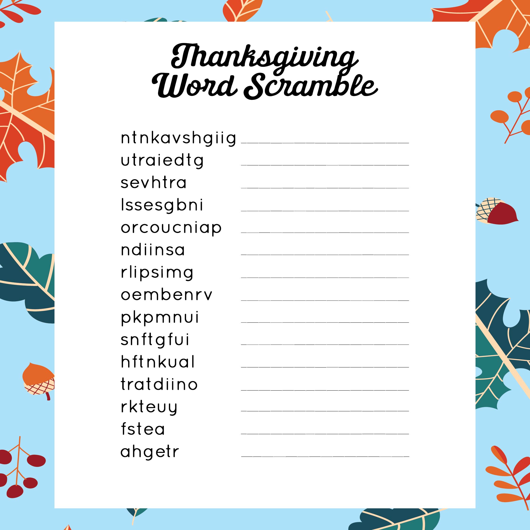 Thanksgiving Word Scramble Printable Printable Word Searches | My XXX ...