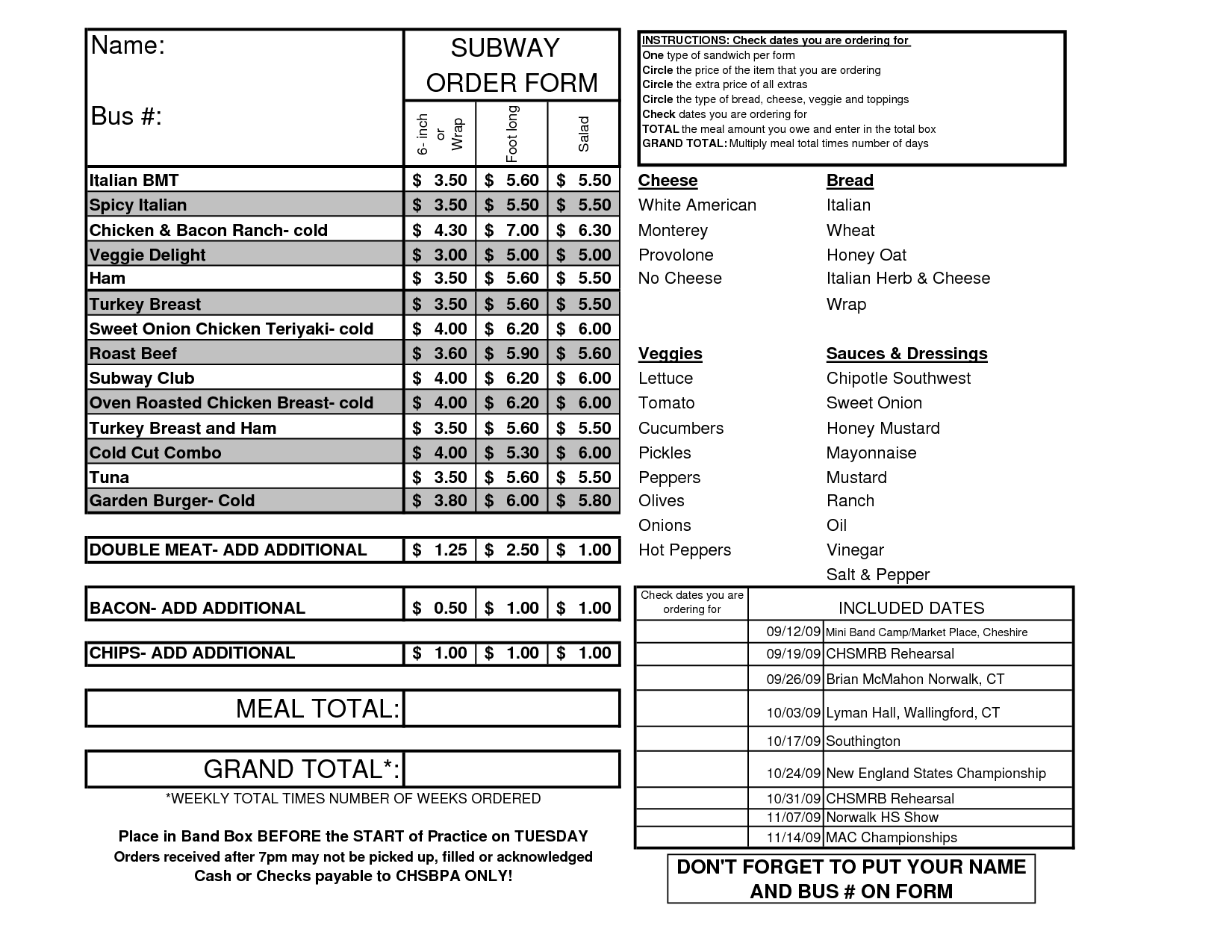 Printable Subway Order Sheet