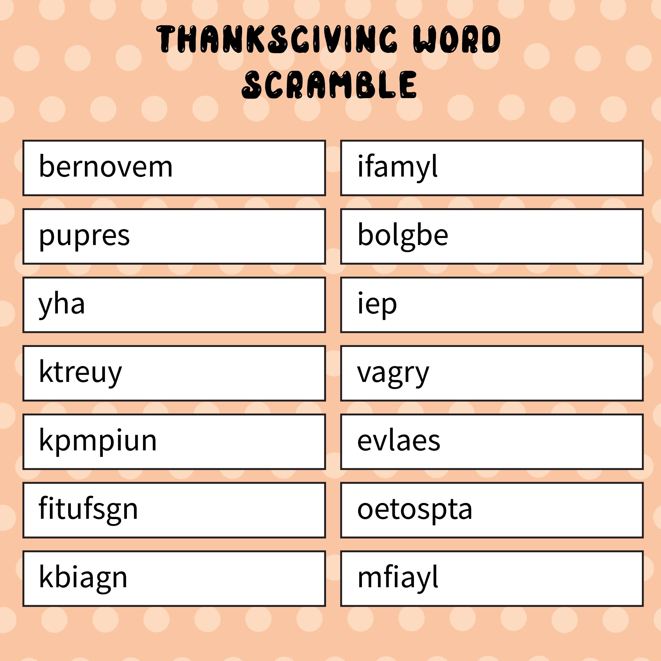 Printable Thanksgiving Word Scramble Game