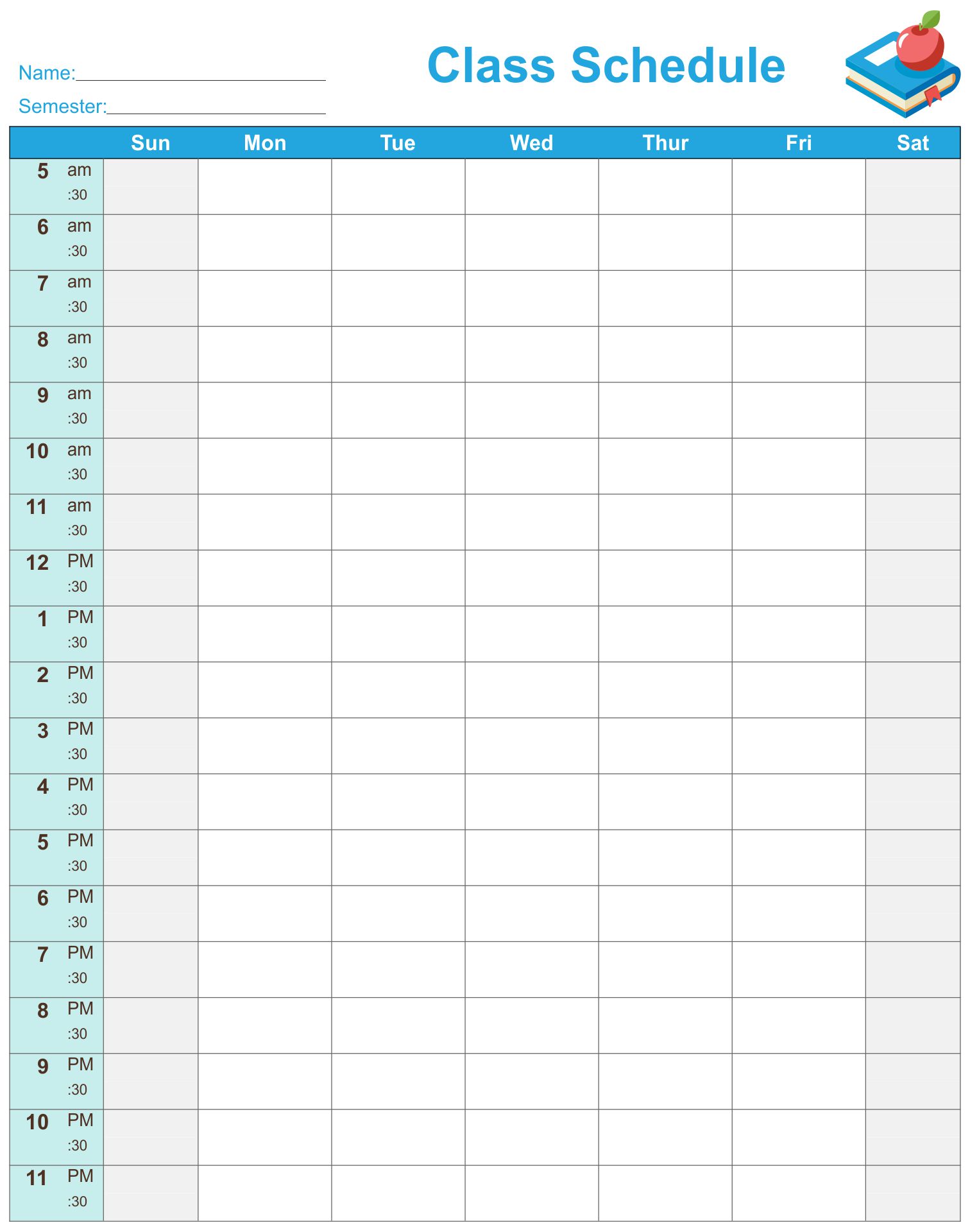 College Class Schedule Printable
