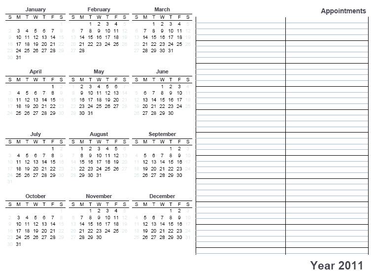 2011 Yearly Calendar Printable Free