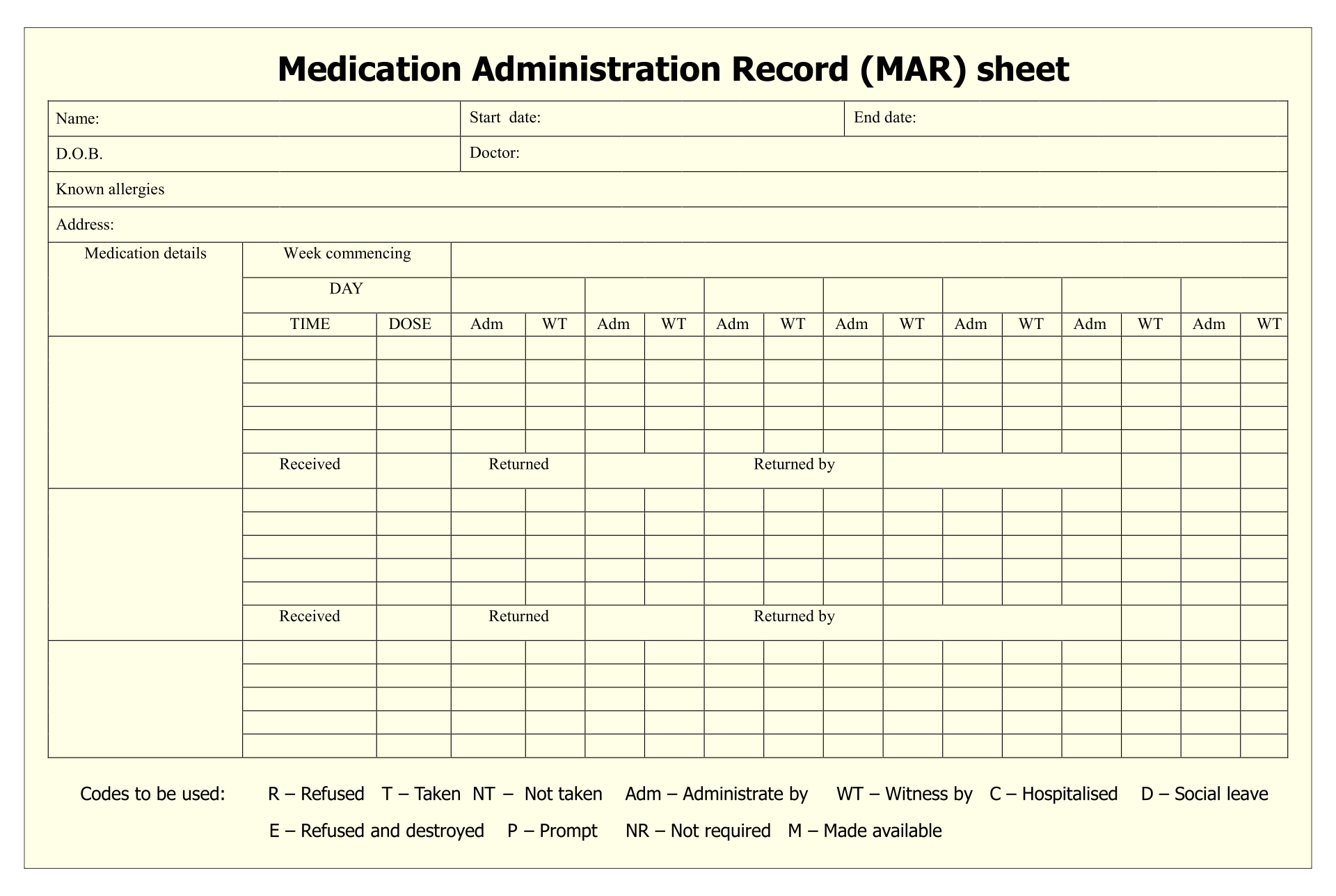 Medication Administration Record Printable