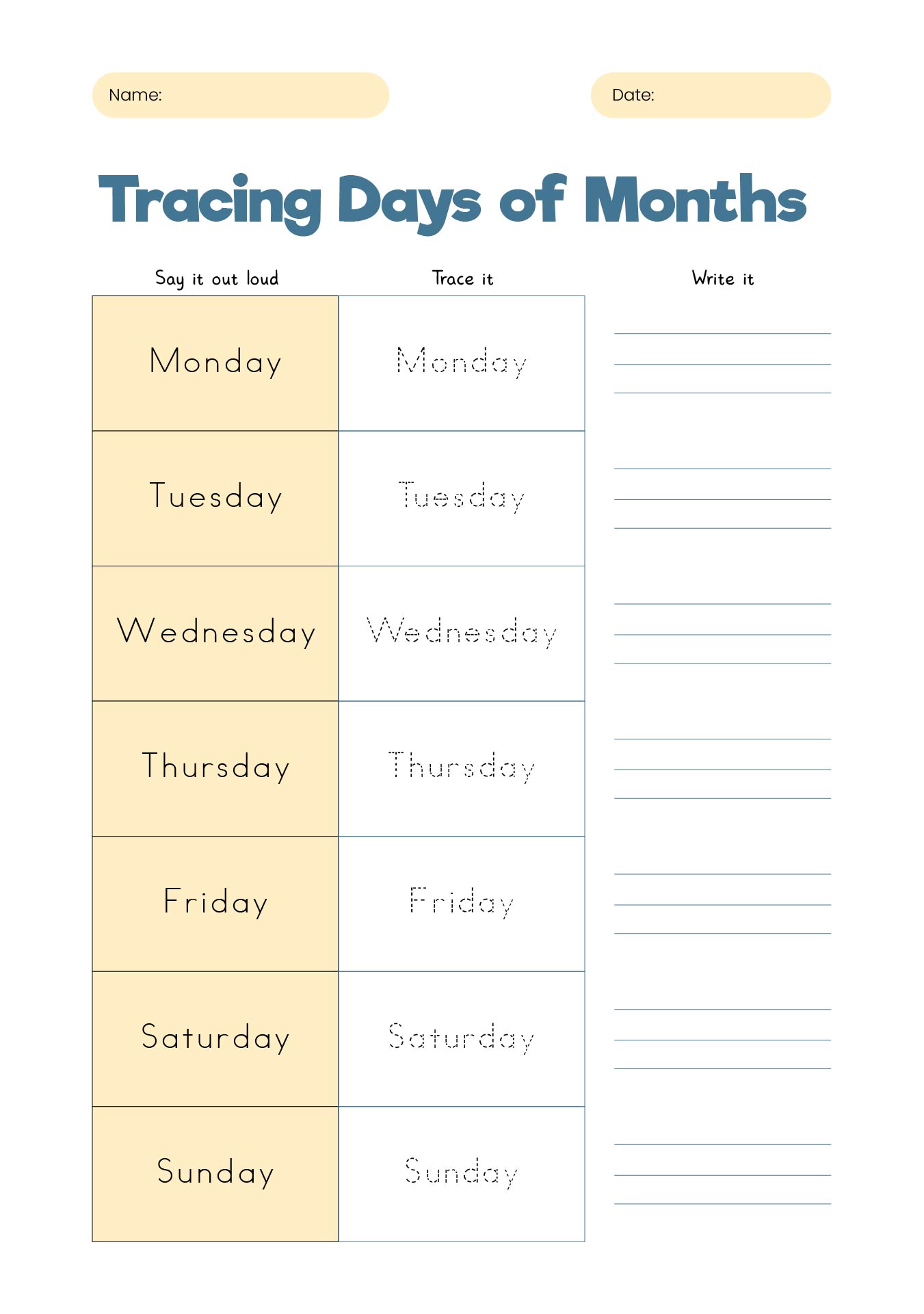 Printable Tracing Days of Month