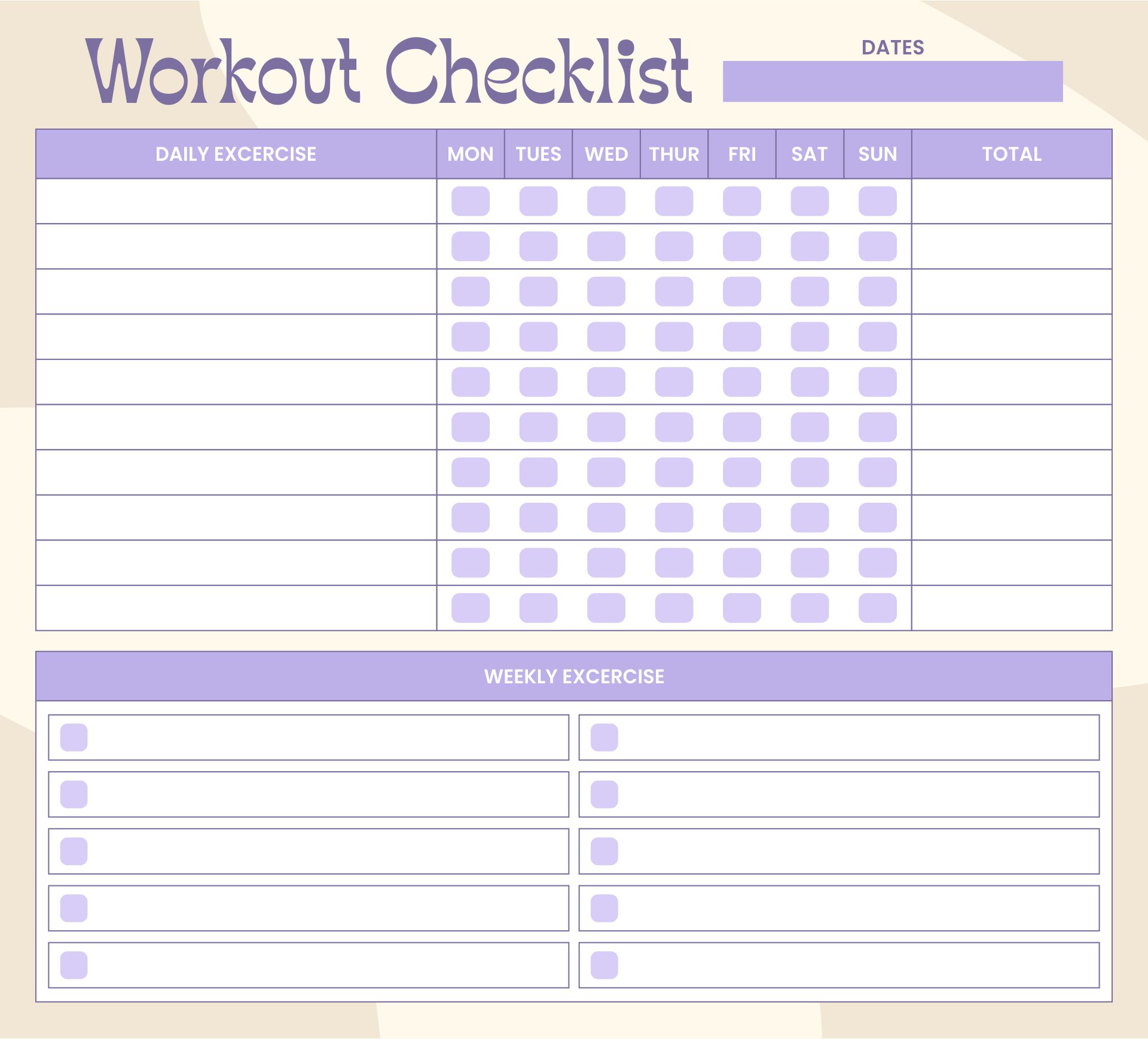 Printable Exercise Checklist