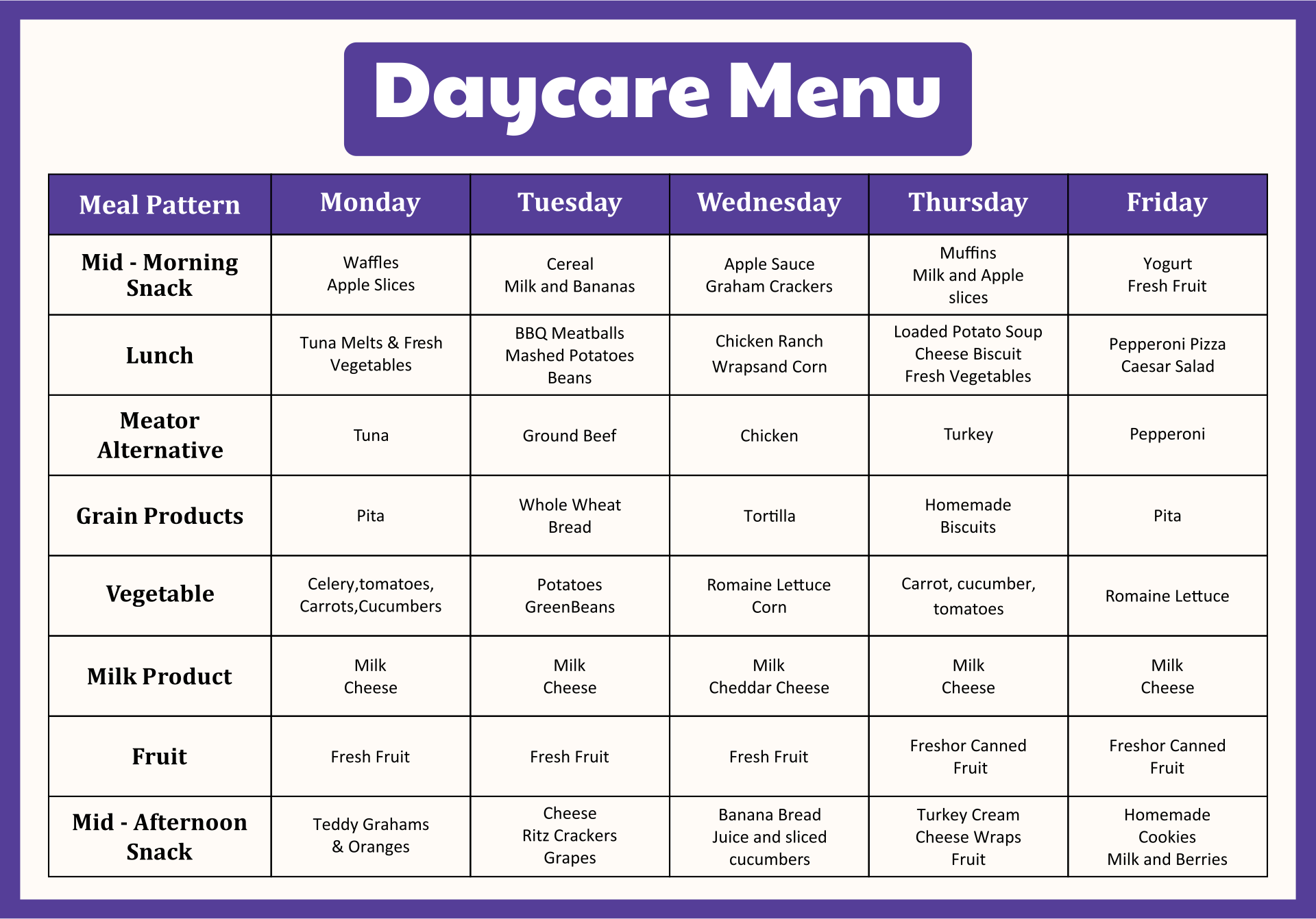 Best Daycare Lunch Menu Template Excel Sample Minasinternational Vrogue