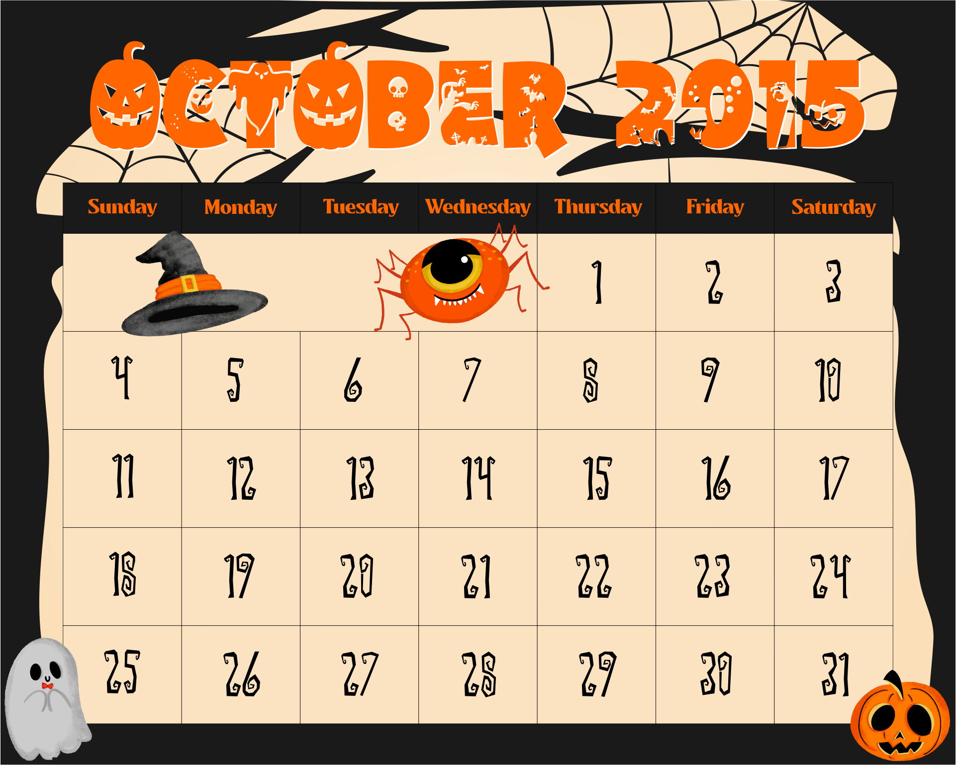 2015 Calendar Printable October Halloween