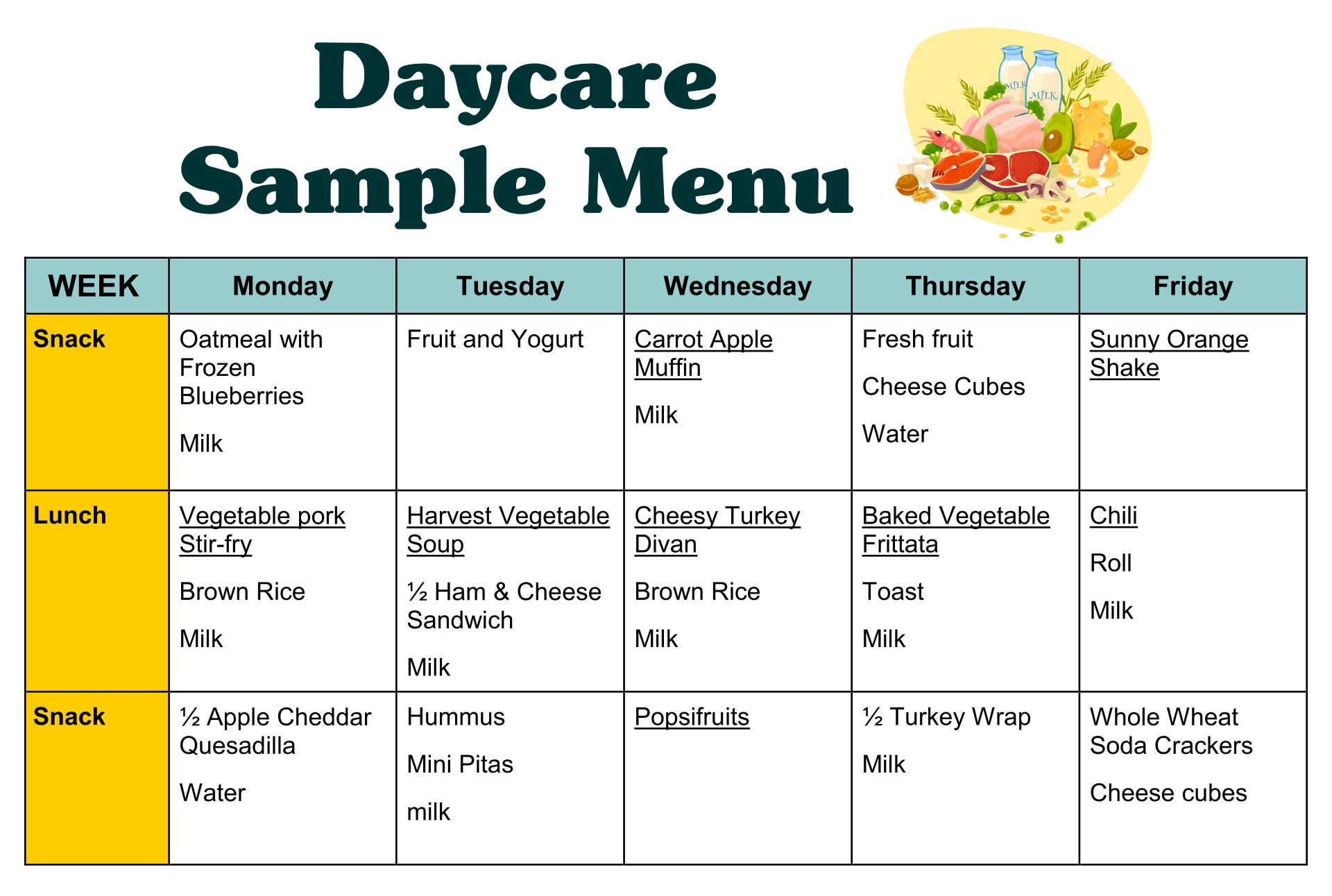 10 Best Sample Daycare Menus Printable Printablee