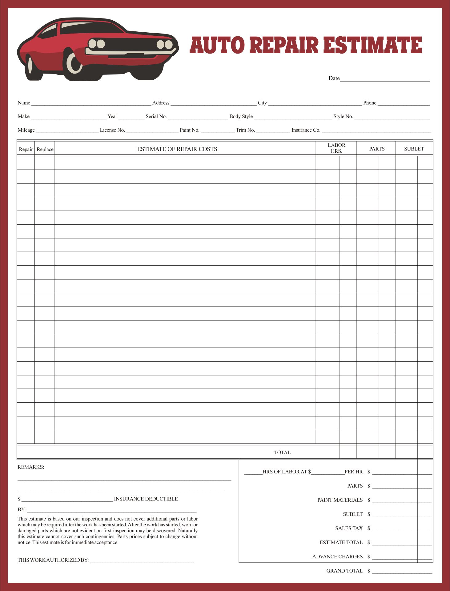 Printable Free Auto Body Repair Estimate Template Forms Printable