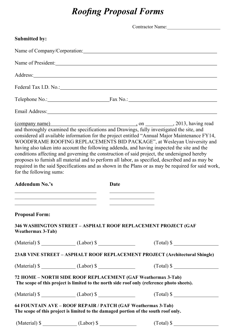 Free Printable Roofing Contract Forms Printable Forms Free Online
