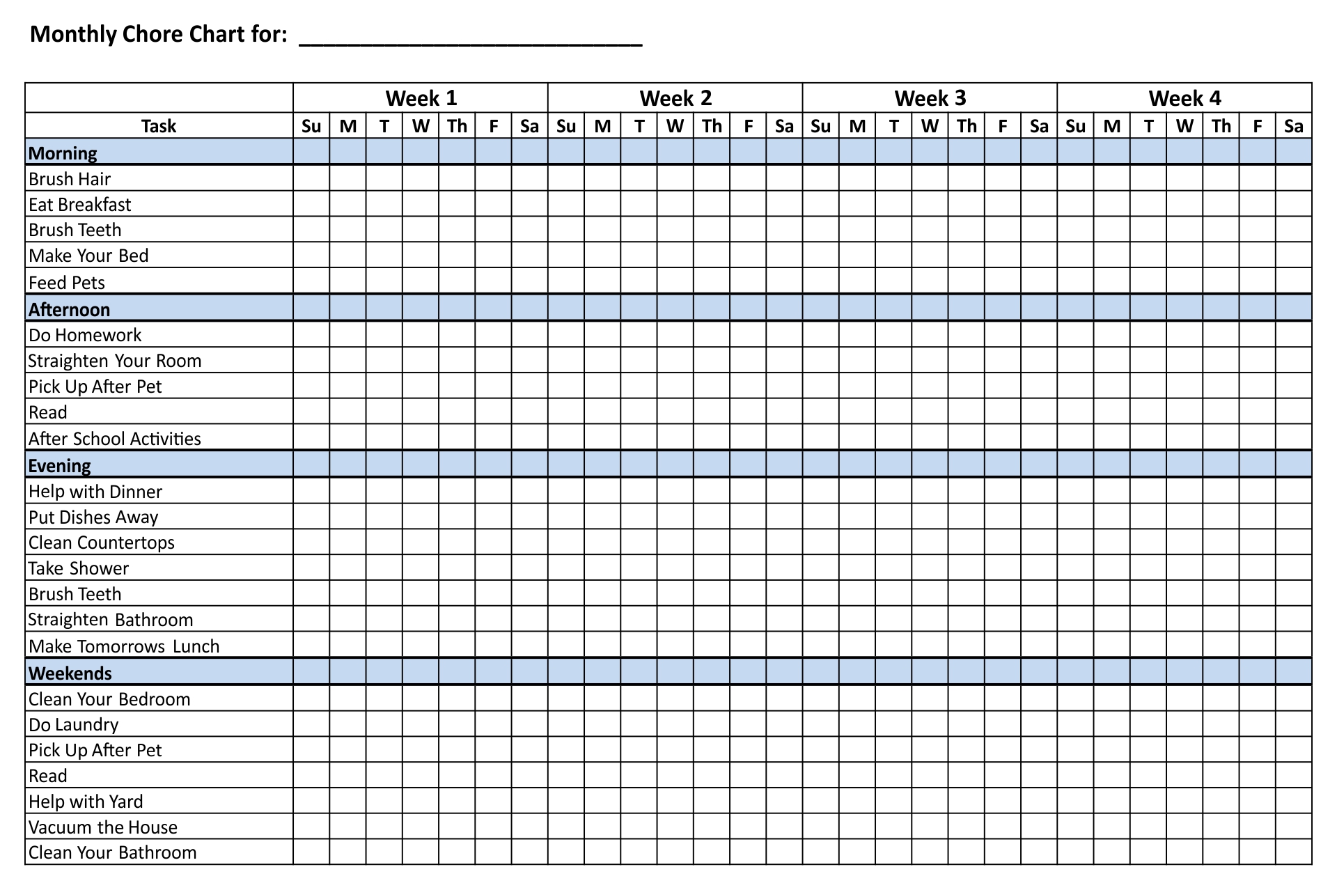 Free Printable Monthly Chore Chart Template Free Printable Templates