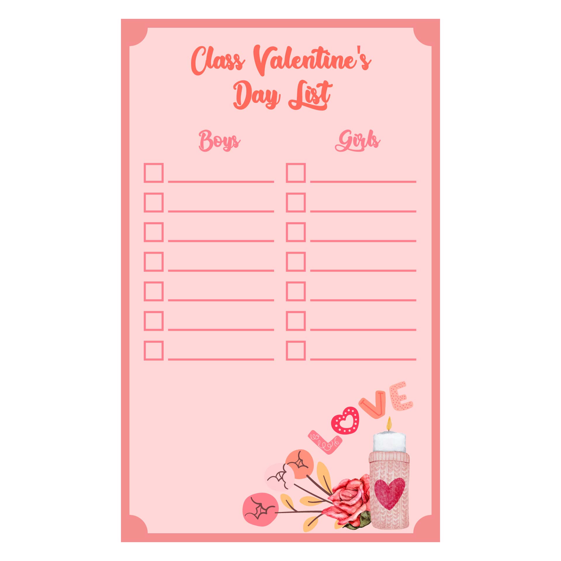 Valentines Day Class List Printable