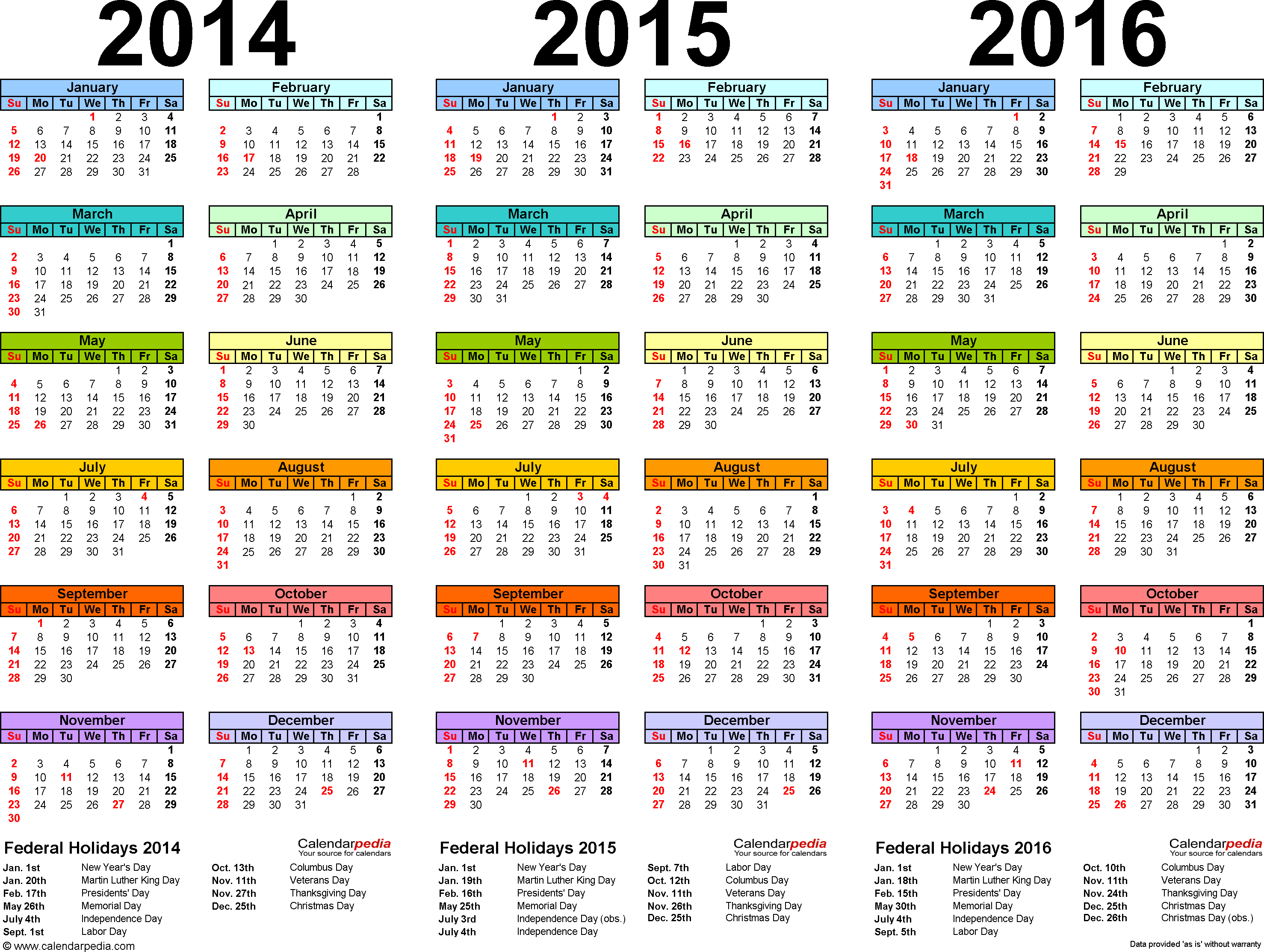 2014 2015 2016 Calendar