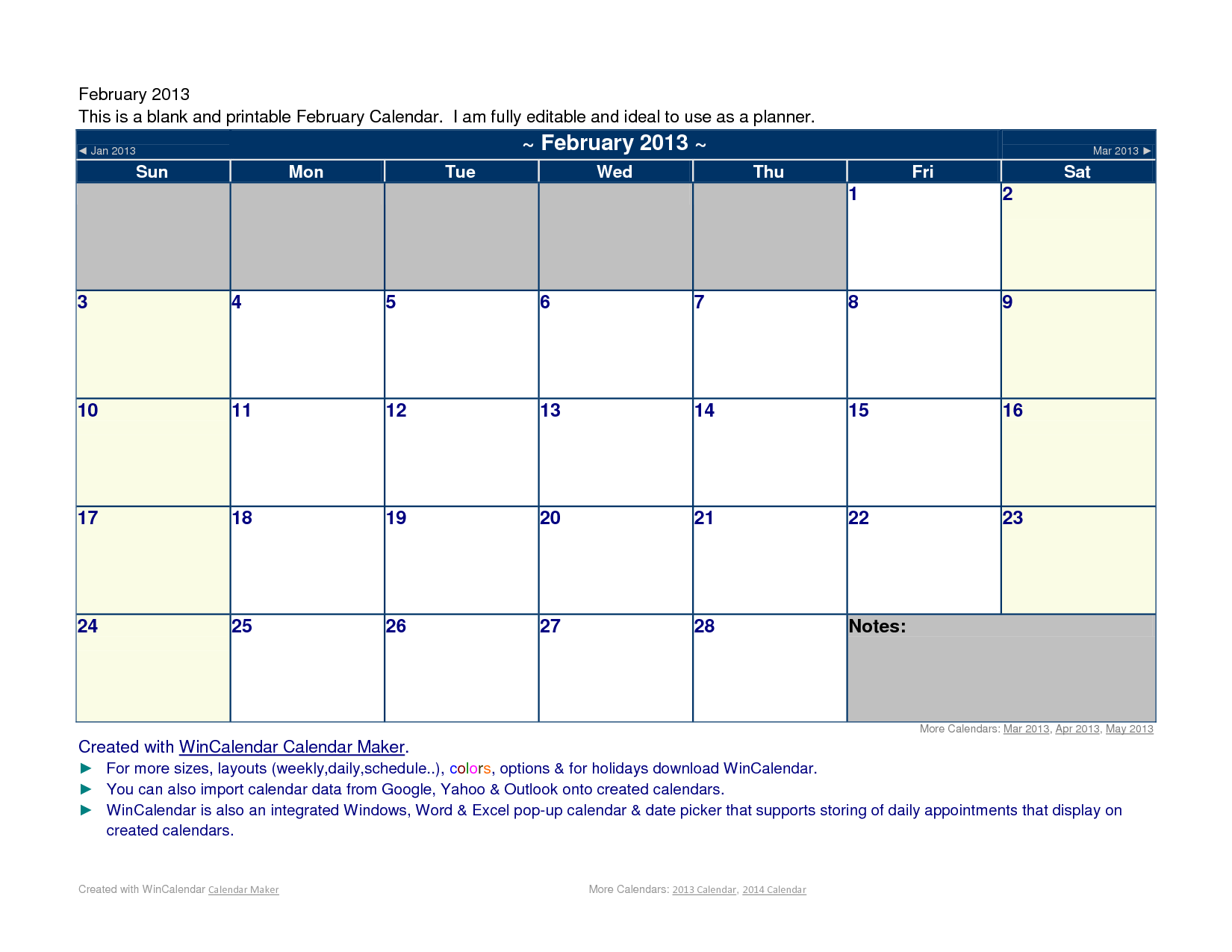 Blank February 2013 Calendar Printable