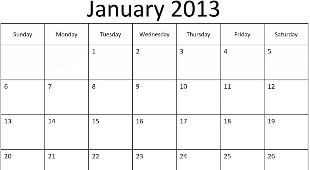 Blank January 2013 Calendar Printable