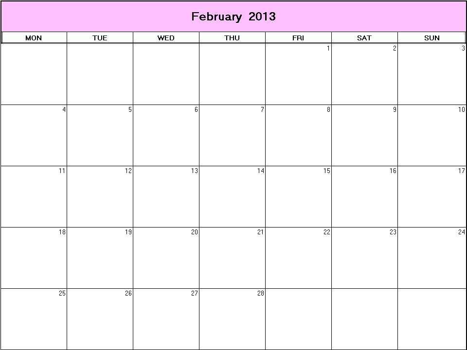 February 2013 Calendar Printable