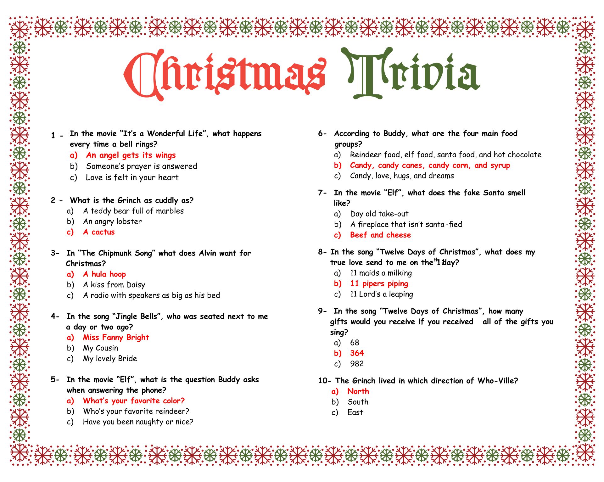 Easy Christmas Trivia Printable