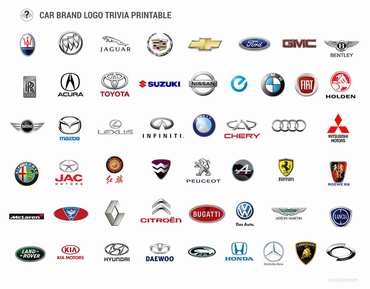 Printable Car Brand Logo Trivia Game 1050460 