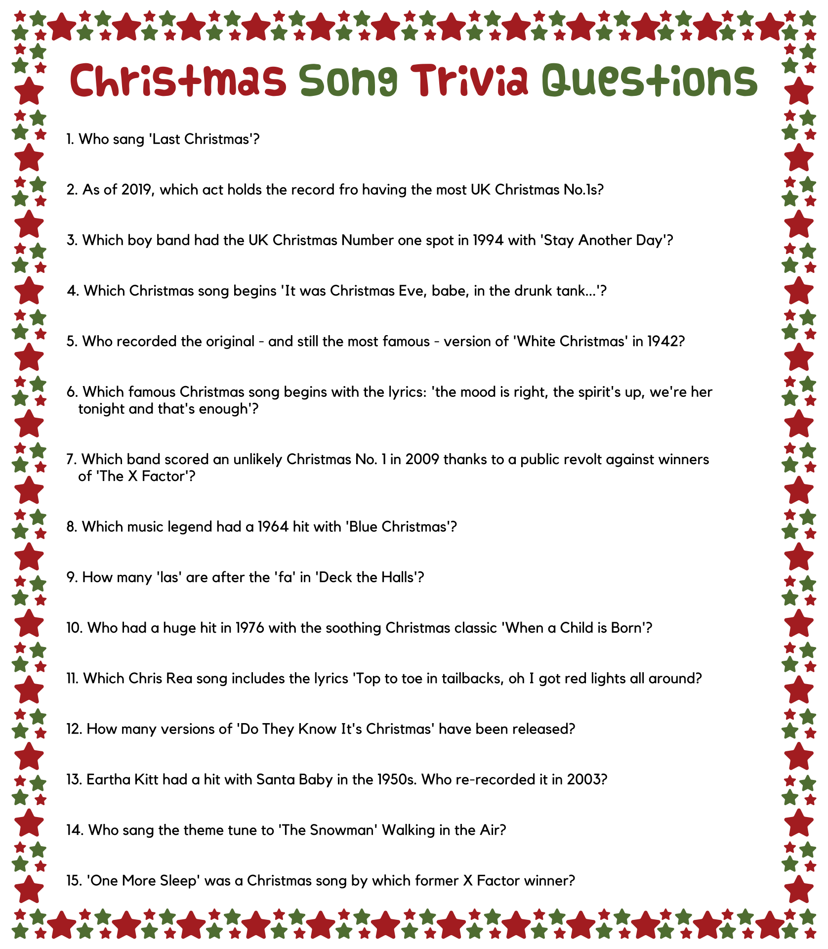 Free Printable Christmas Song Trivia