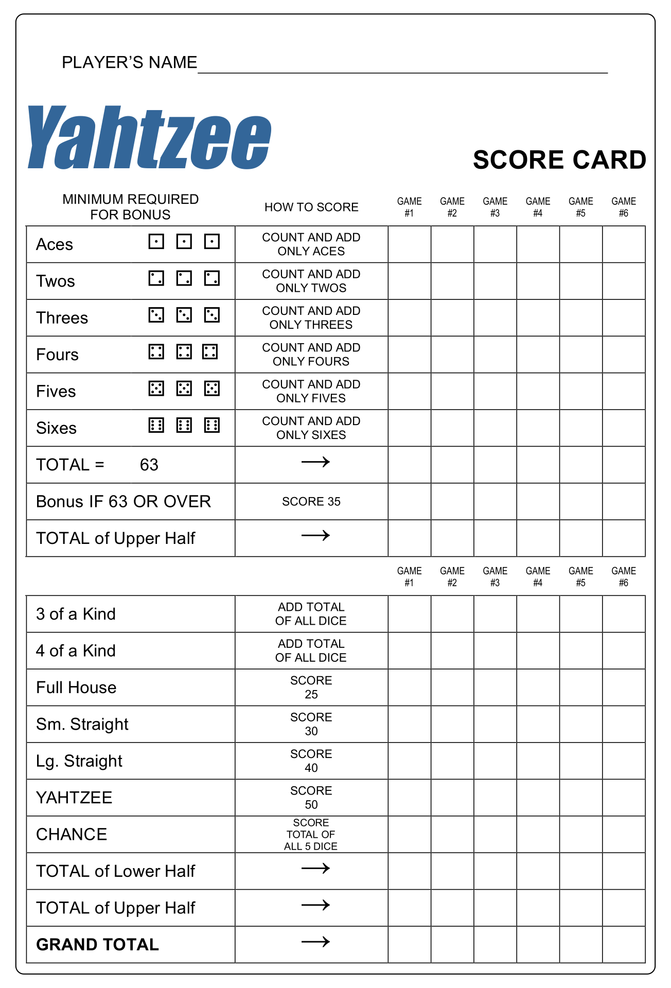 Free Yahtzee Score Cards Printable