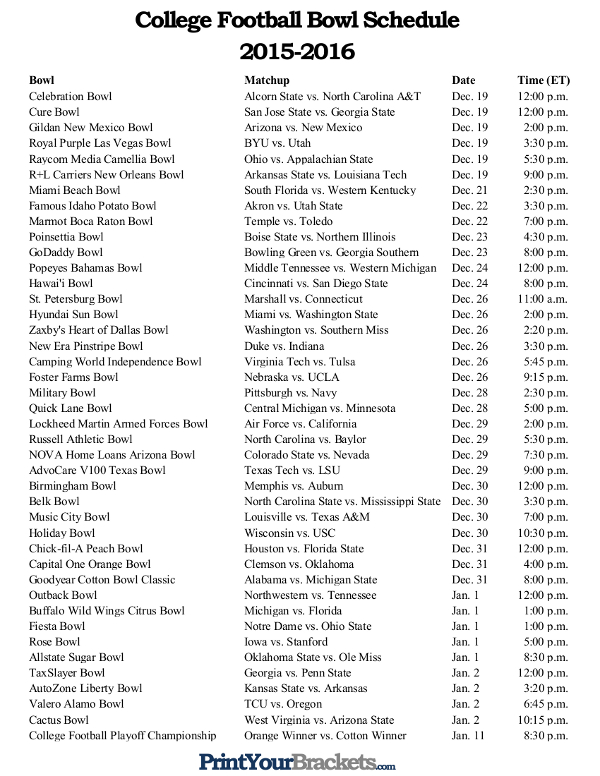 College Bowls 2014 Schedules Printable