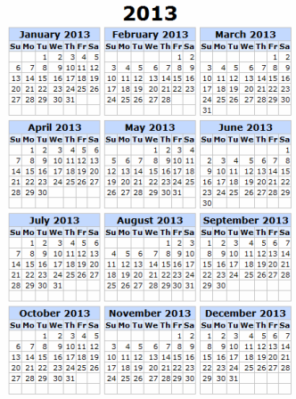 Printable 2013 Calendar Year