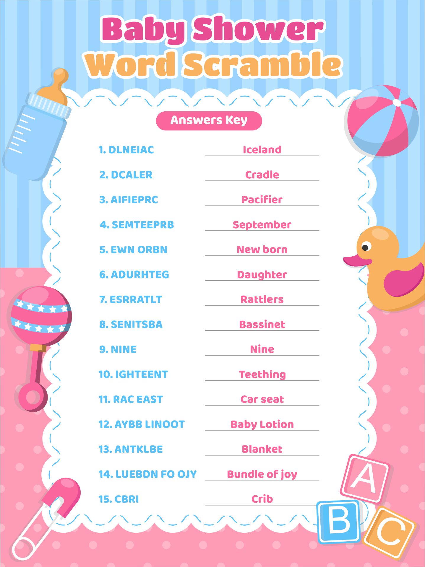 Printable Baby Shower Word Scramble & Answers