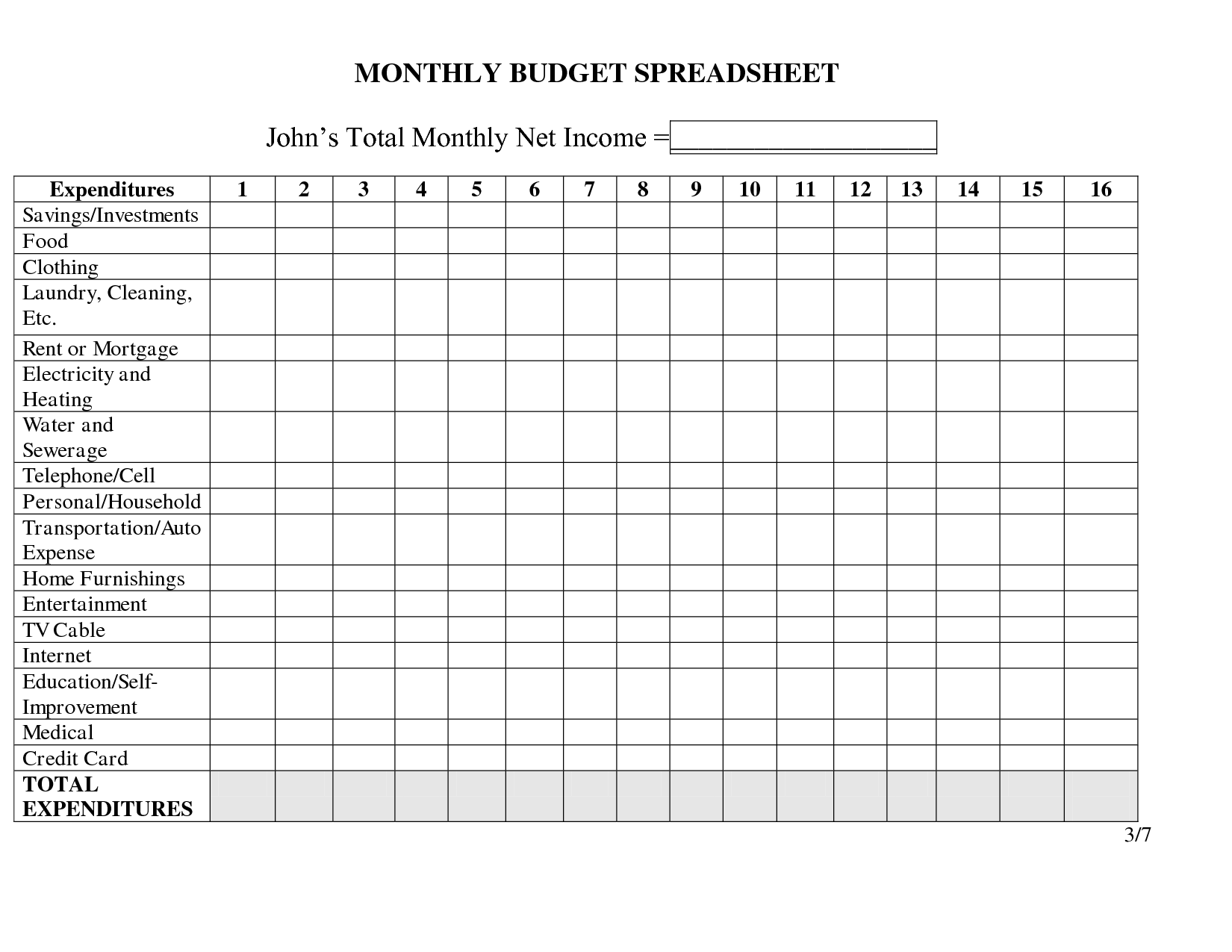 Blank Monthly Spreadsheet Templates