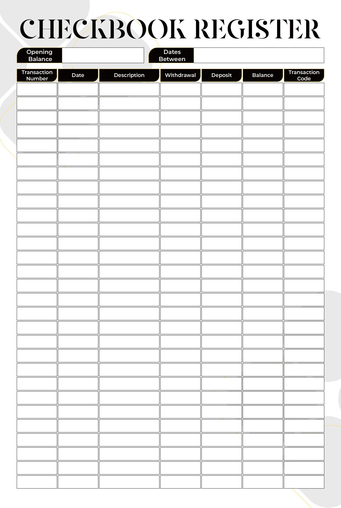 Printable Blank Checkbook Register