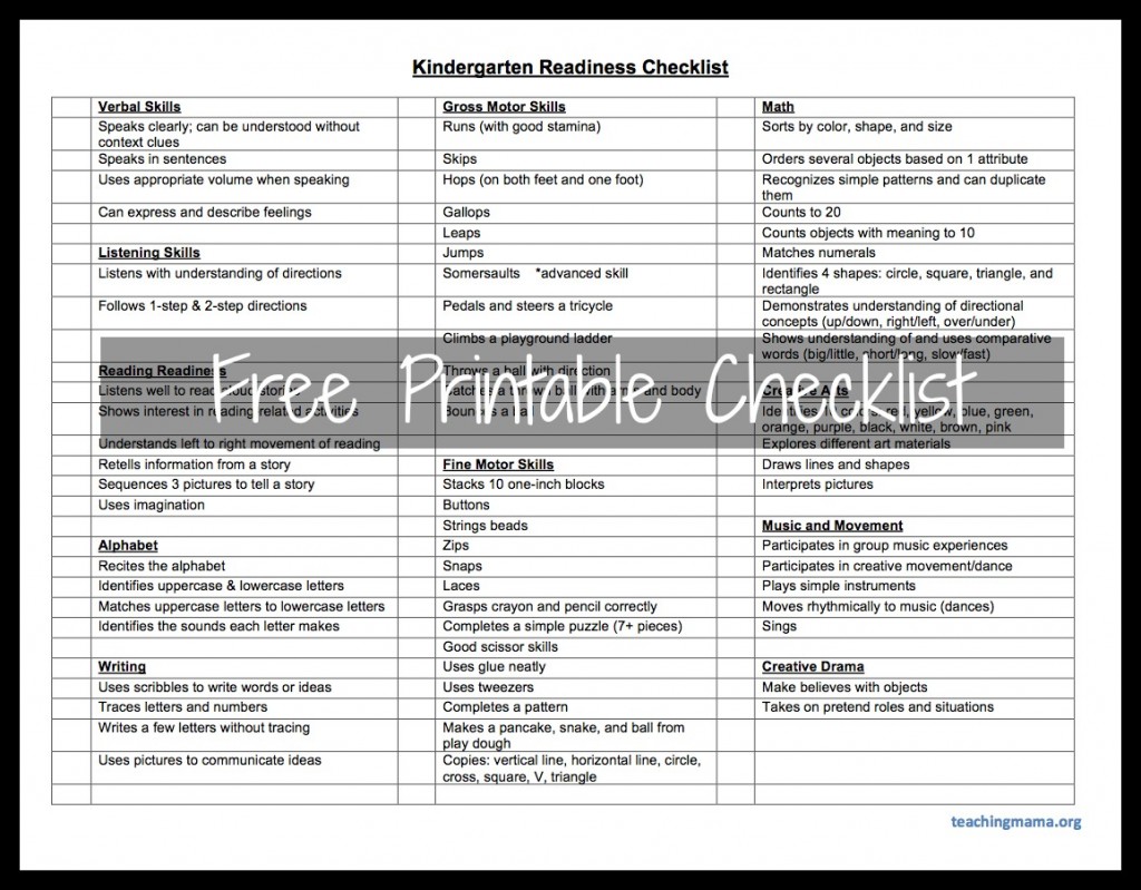 Printable Kindergarten Readiness Checklist