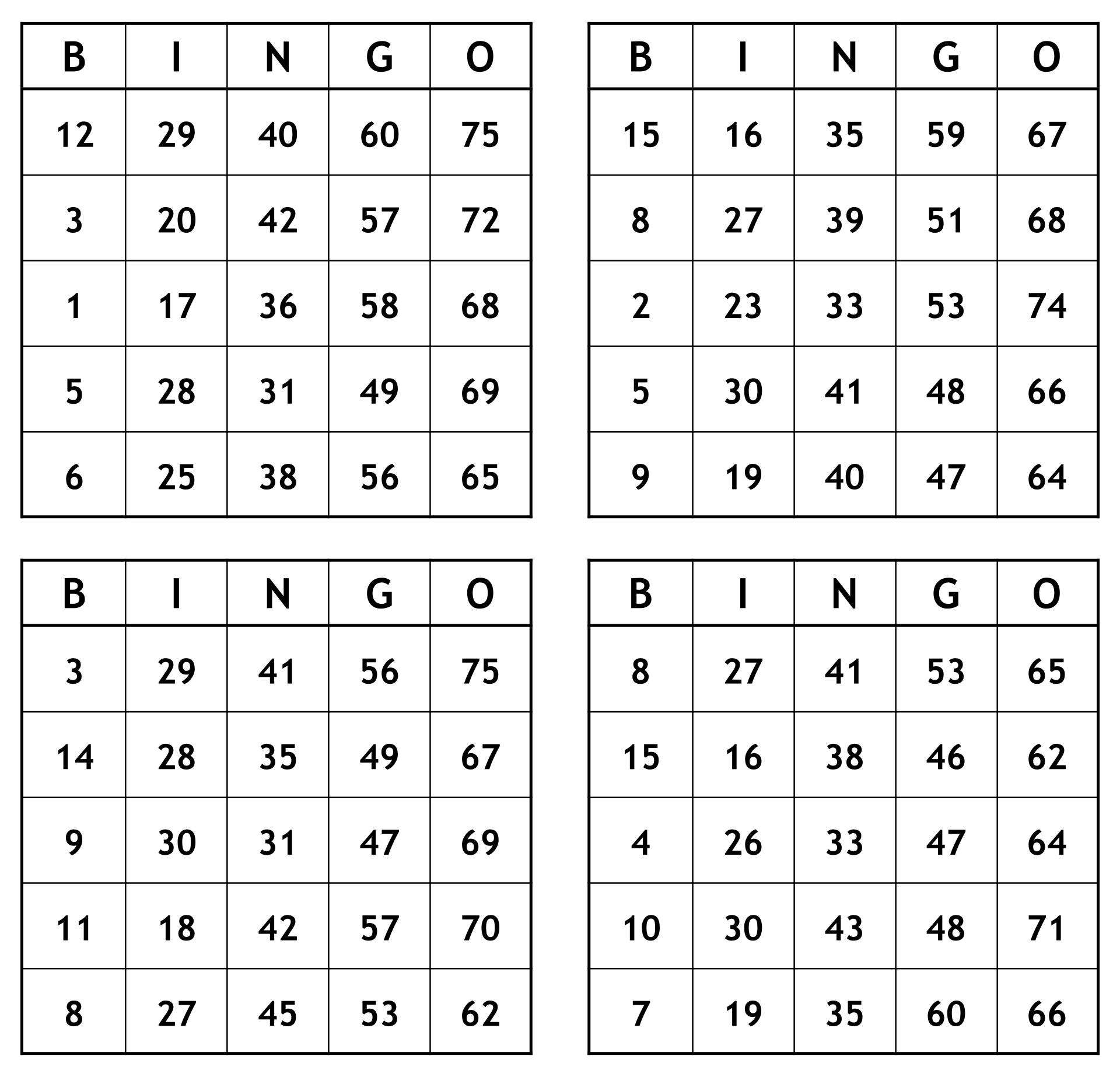 bingo cards random numbers 1 75