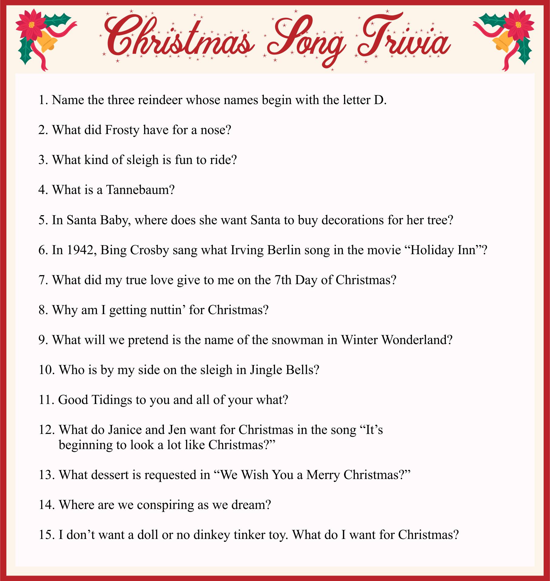 Printable Christmas Games Trivia & Answers