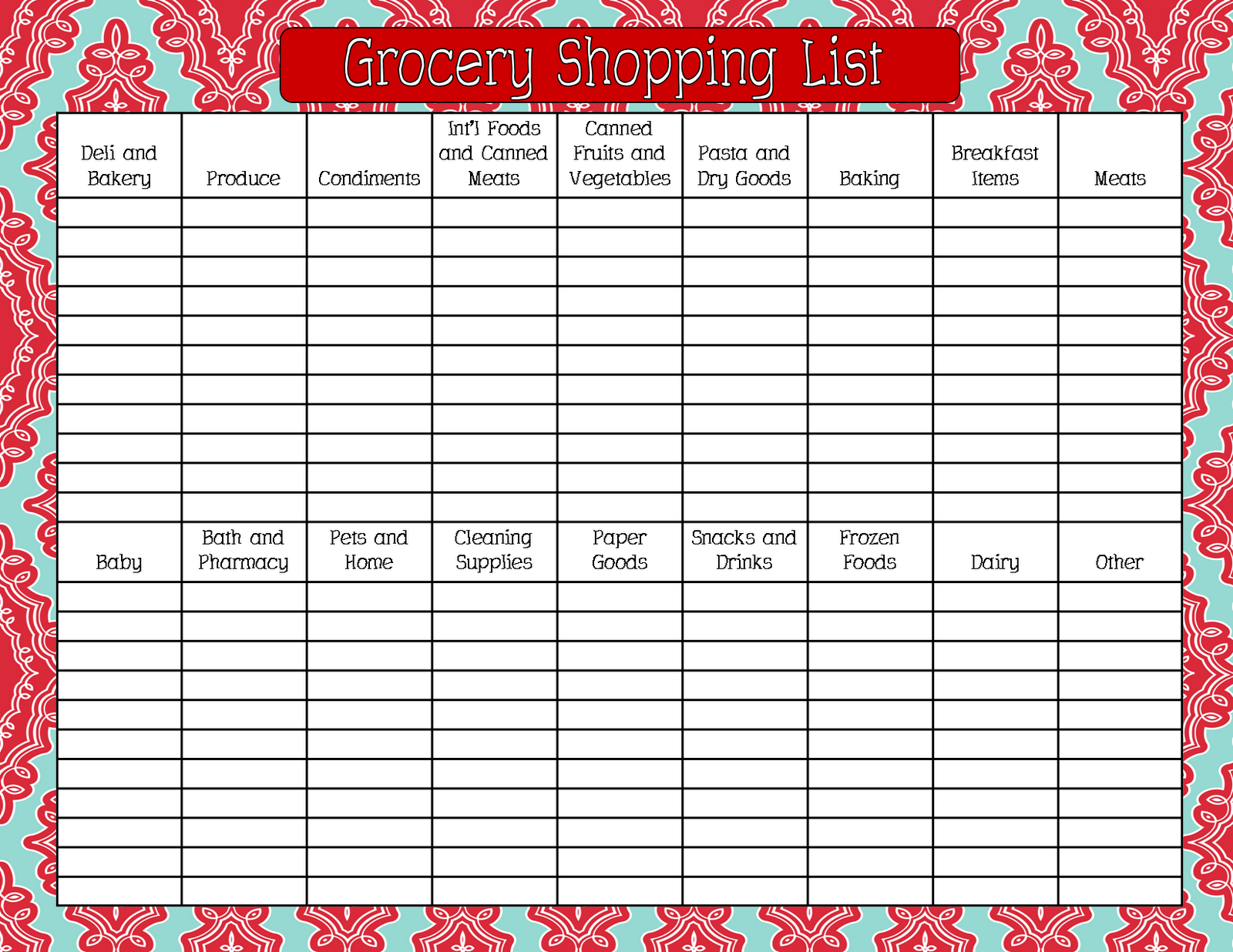 Printable Grocery Shopping List