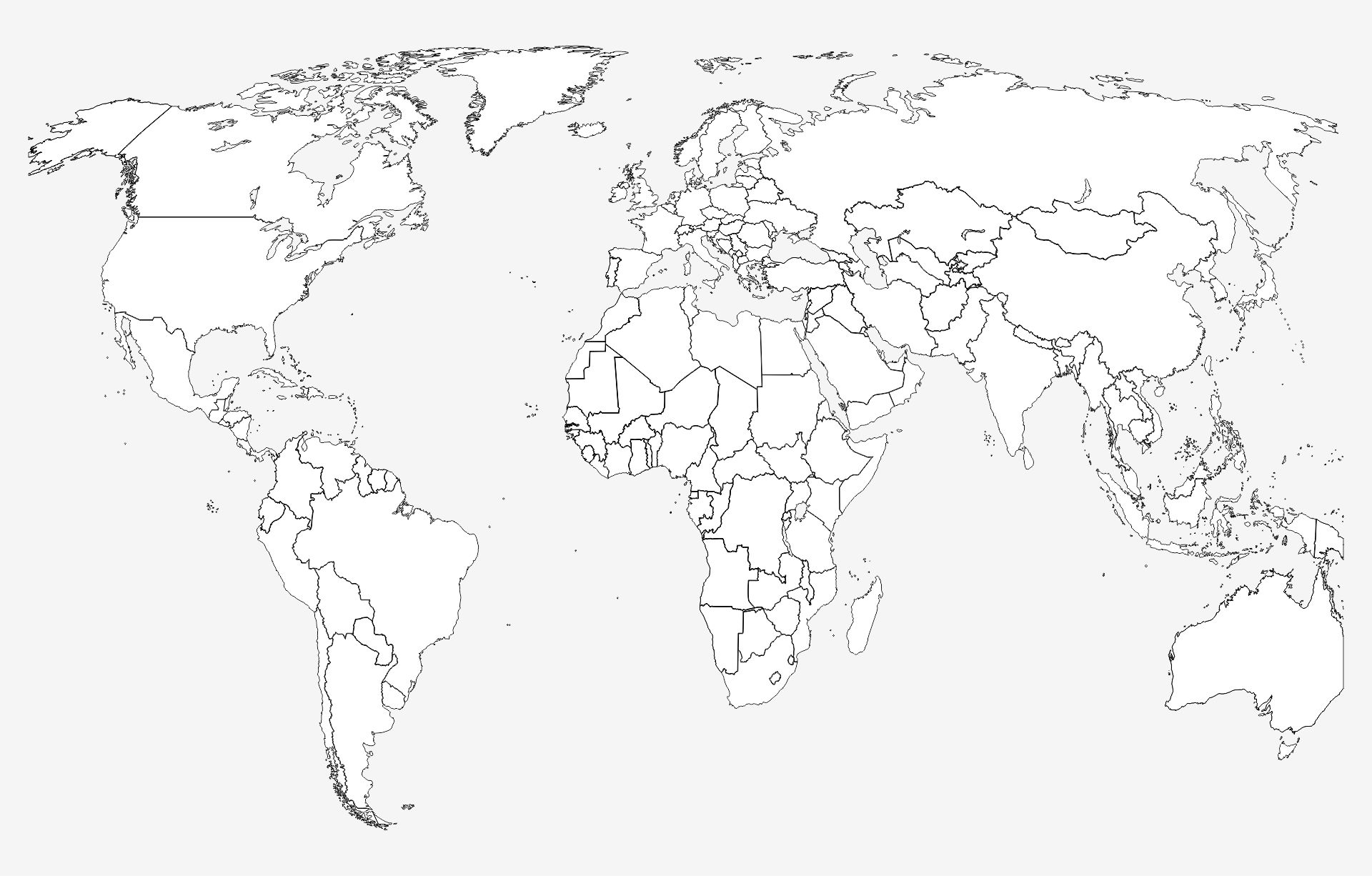 world map countries labeled black and white