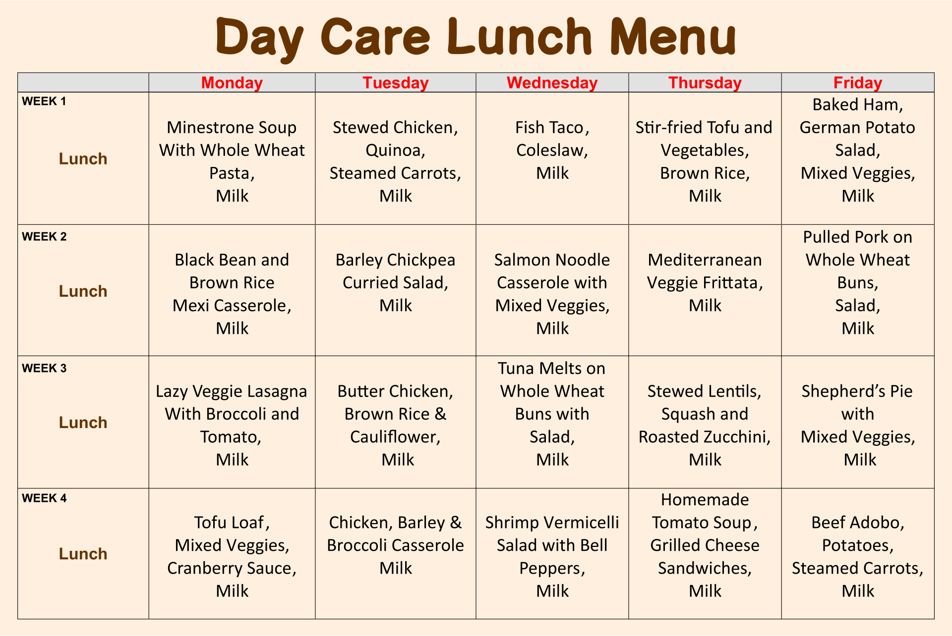 free childcare menu template download word
