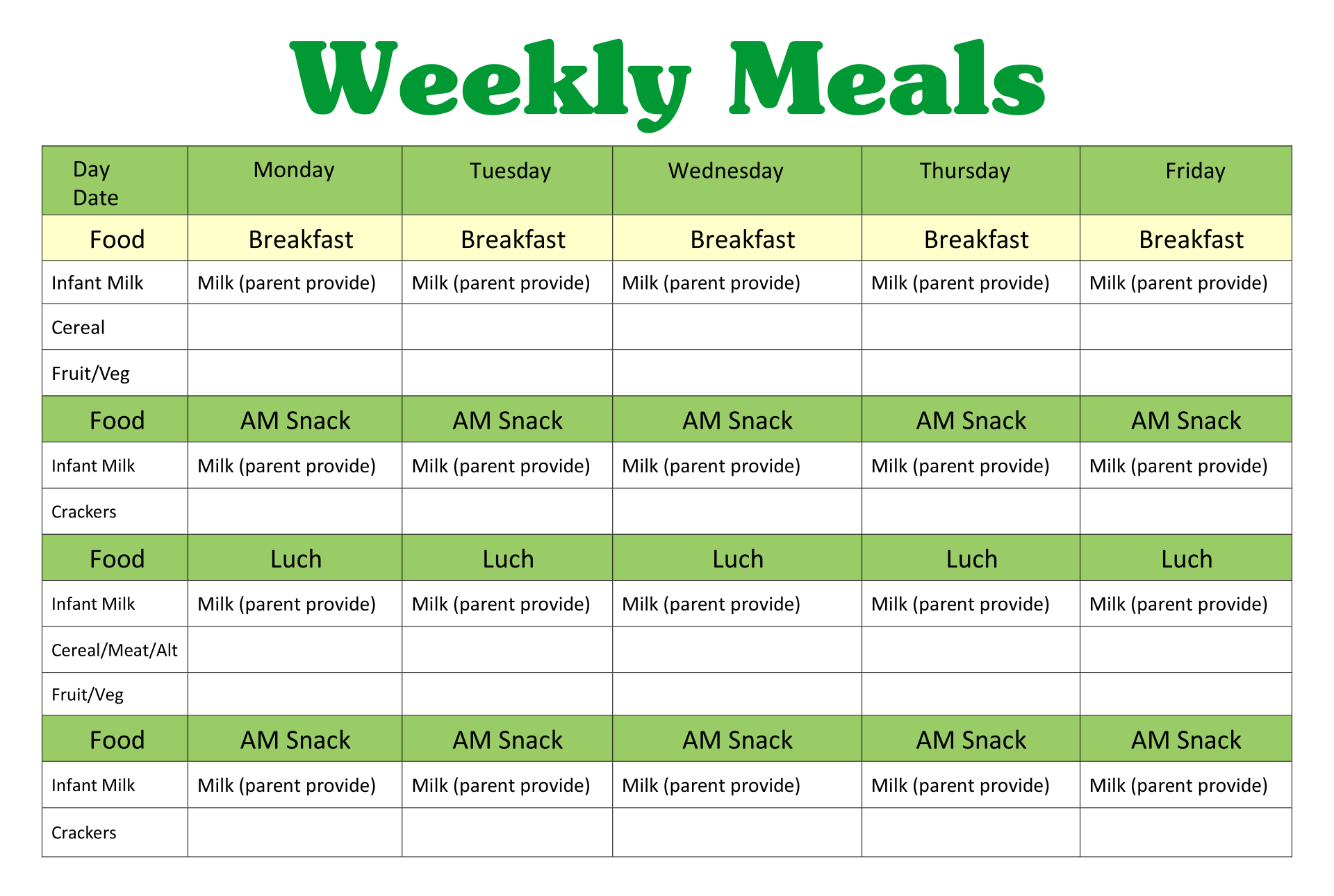 Printable Lunch Menus For Preschool