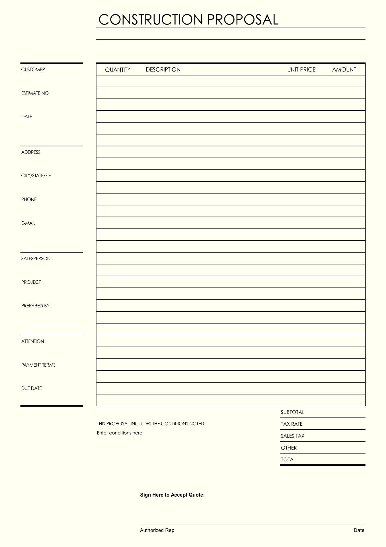 Printable Construction Estimate Template