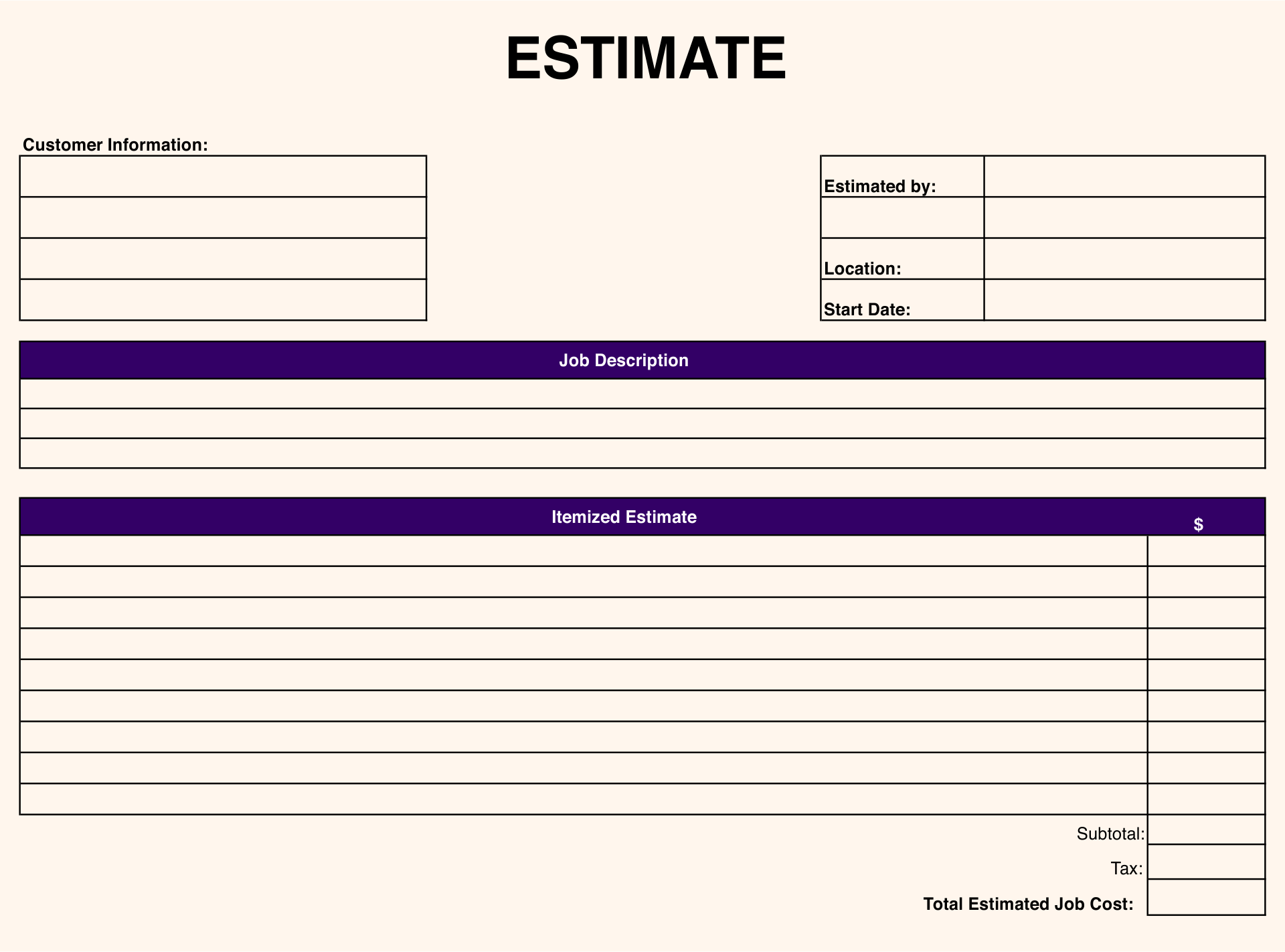 Job Estimate Blank Free Printable Estimate Forms Printable Forms Free