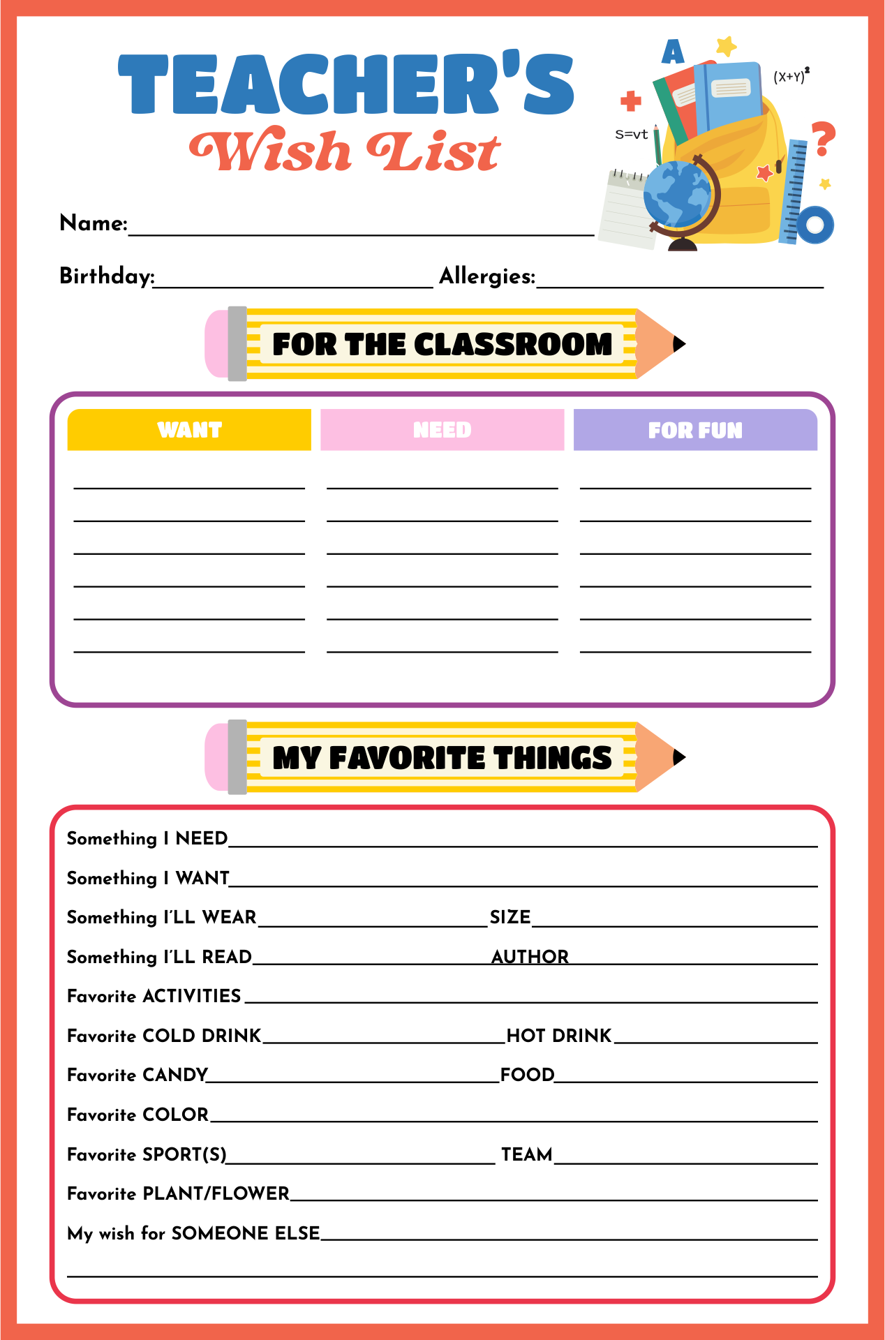 Teacher Wish List Printable