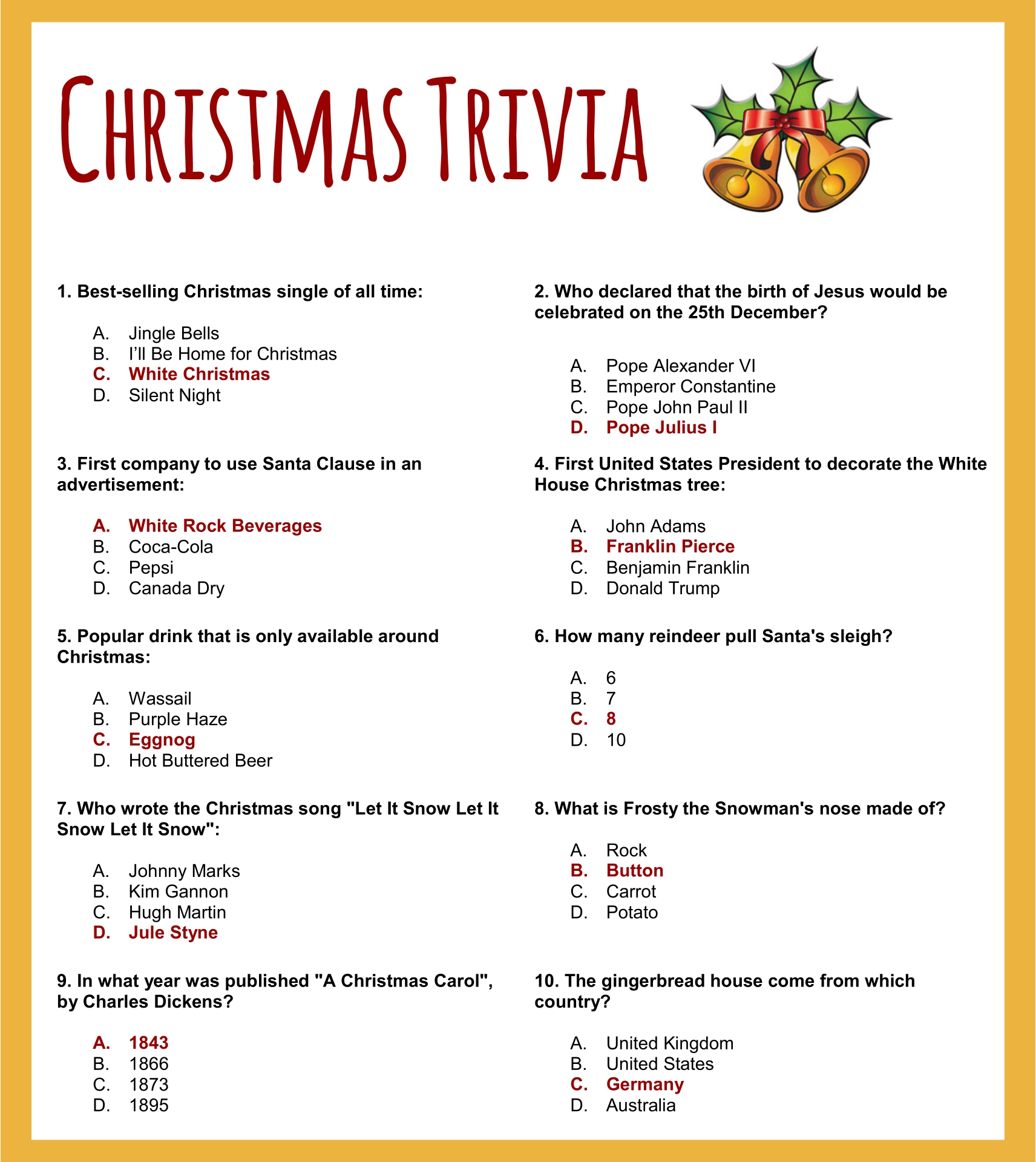 Printable Christmas Trivia Questions And Answers Pdf