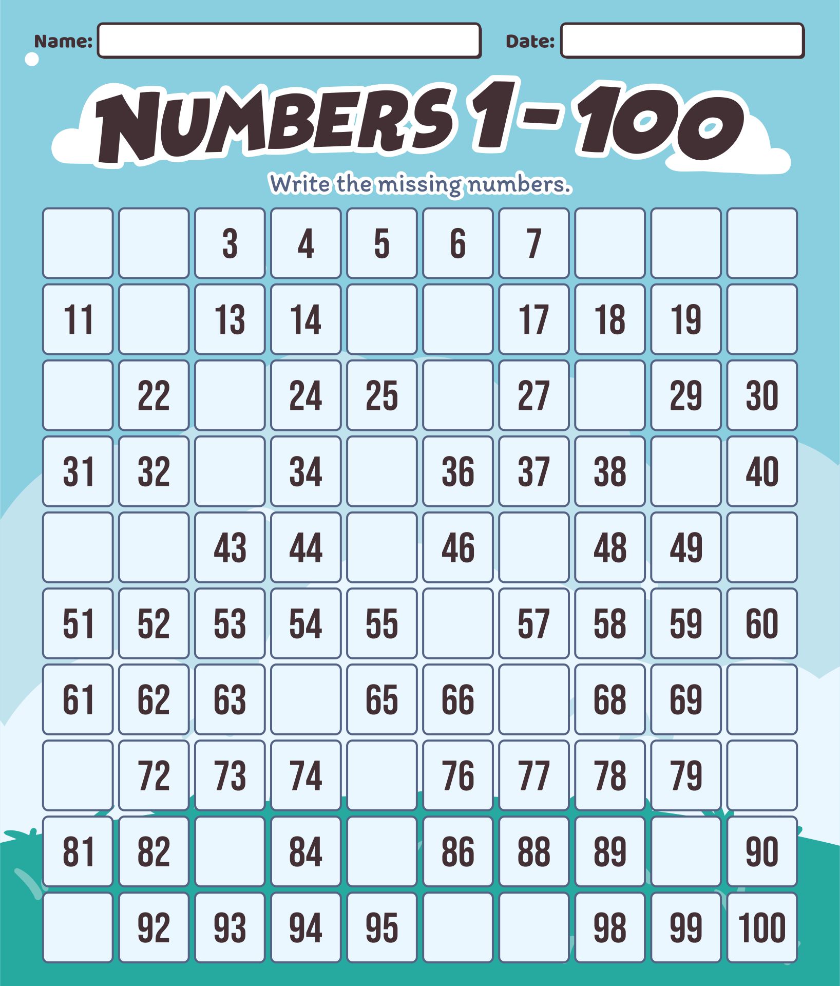 Number Sheets 1 to 100 Printable