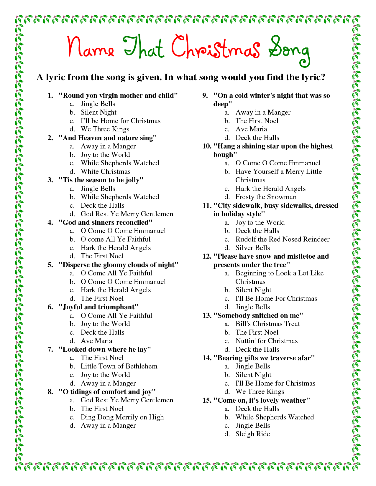 Printable Christmas Trivia Questions And Answers