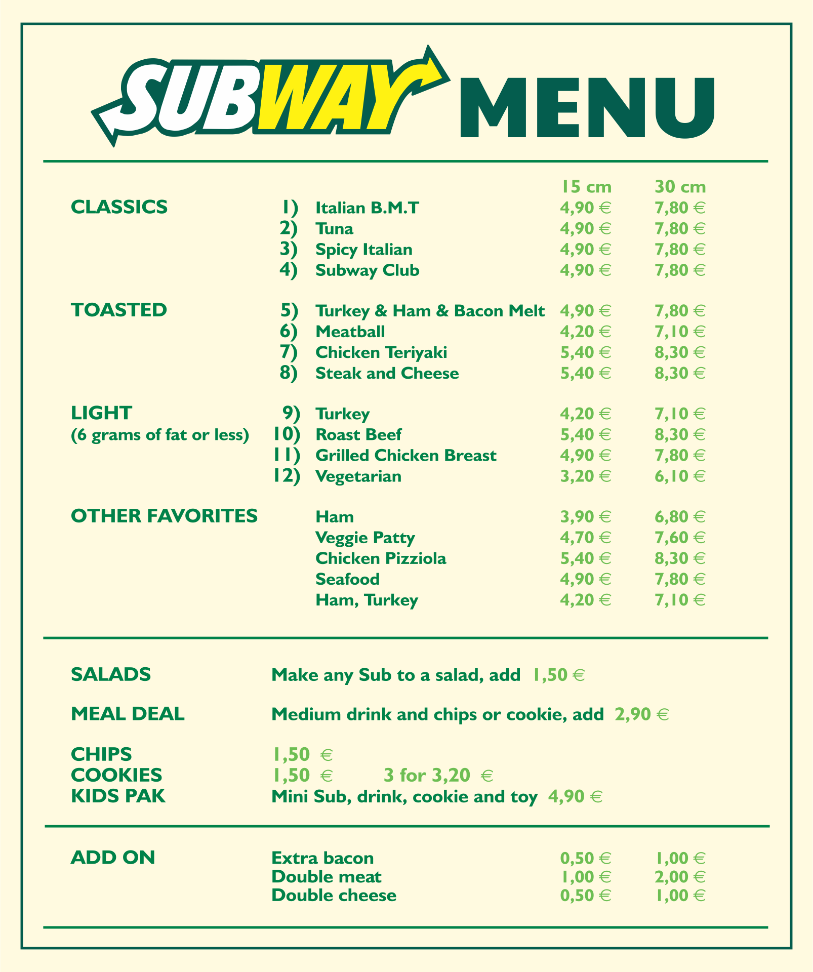 Subway Menu With Prices 15376 