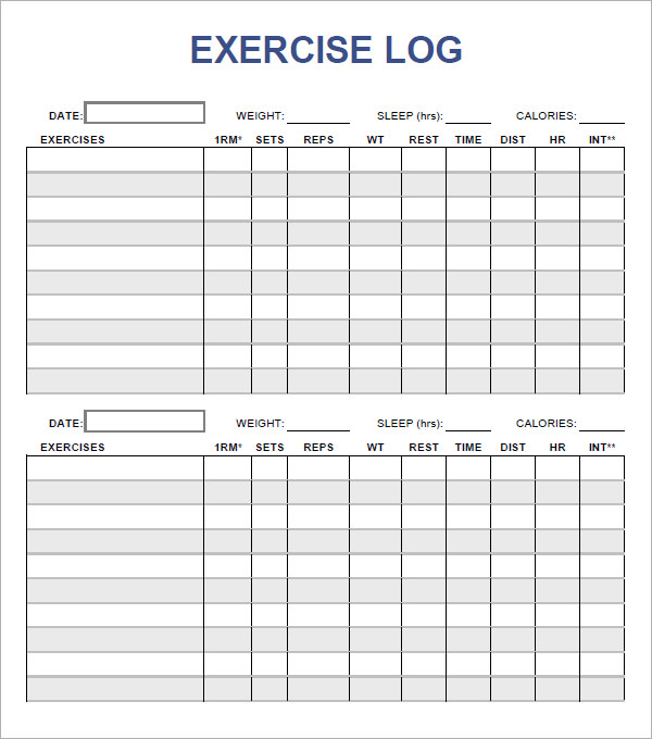 Printable Workout Log Template