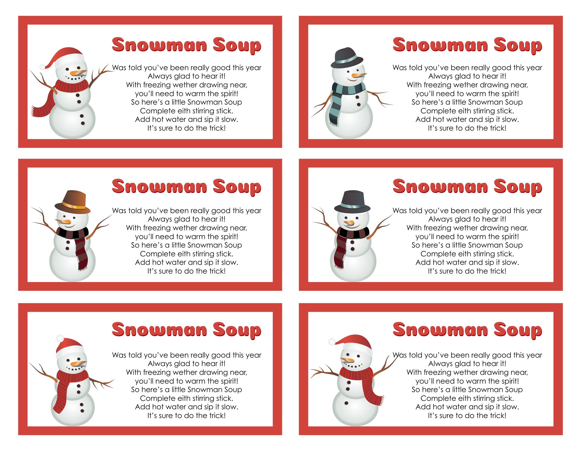 Free printable snowman soup labels