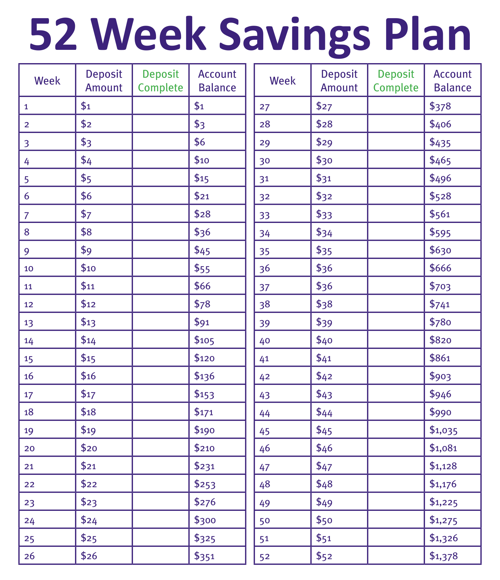 52 Week Savings Challenge Printable Pdf Free