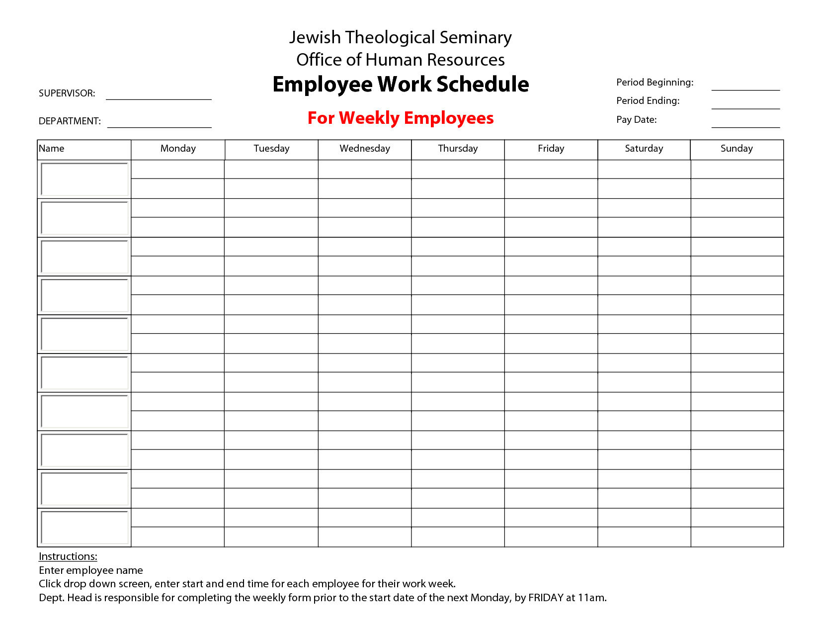 Printable Employee Work Schedule