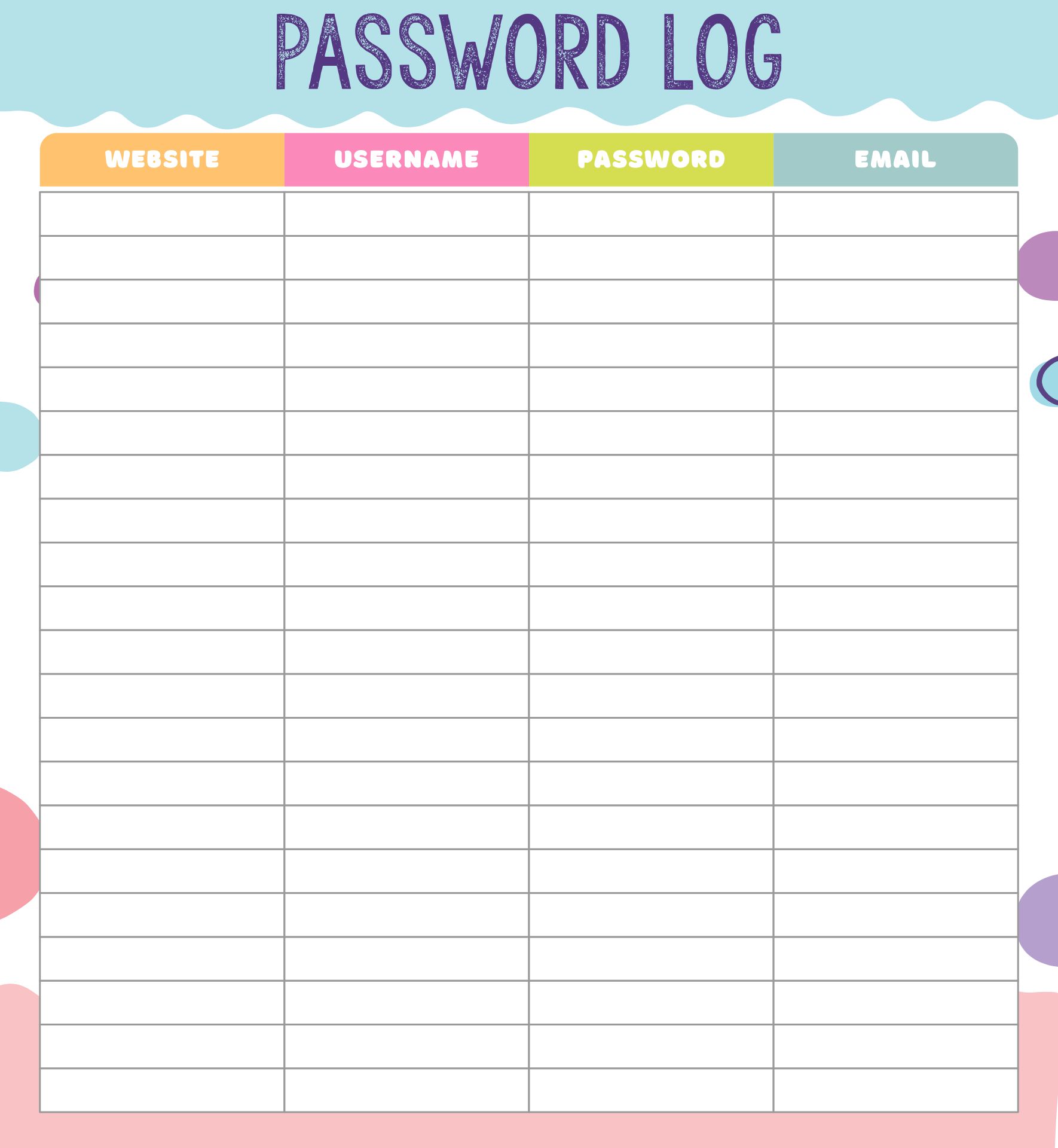 Username & Password Sheet Printable
