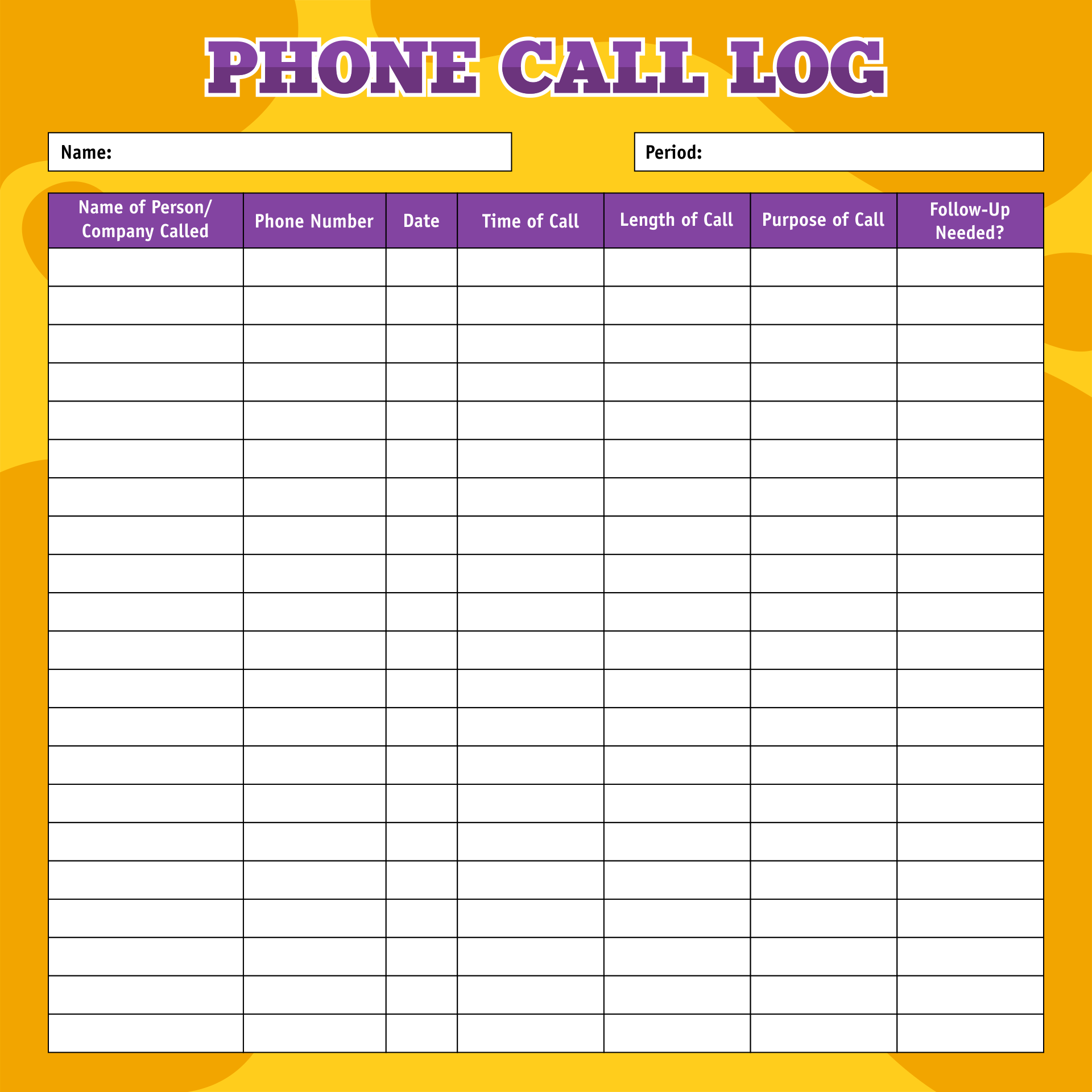 Printable Call Log Sheet